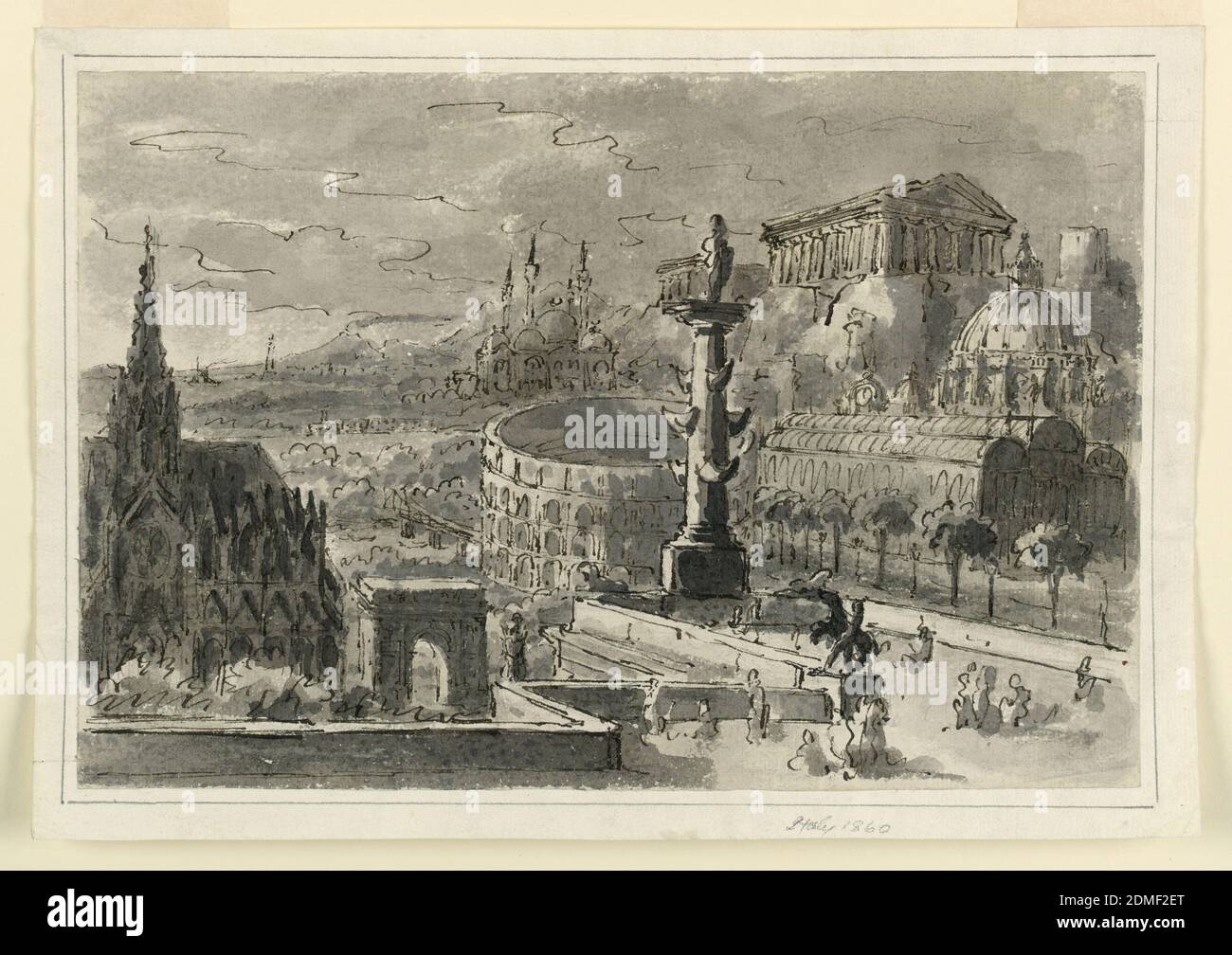 Stage Design, agglomération de divers bâtiments, Antonio Giuseppe Basoli, Italien, 1774–1843, stylo et encre gris-marron, pinceau et lavage gris sur papier, rectangle horizontal. Agglomération de divers bâtiments célèbres, dont la basilique Saint-Pierre, le Parthénon, le Colisée, la cathédrale de Cologne, l'Arc de Septimus Severus, et le Palais de Cristal à Londres., Italie, 19e siècle, théâtre, dessin Banque D'Images