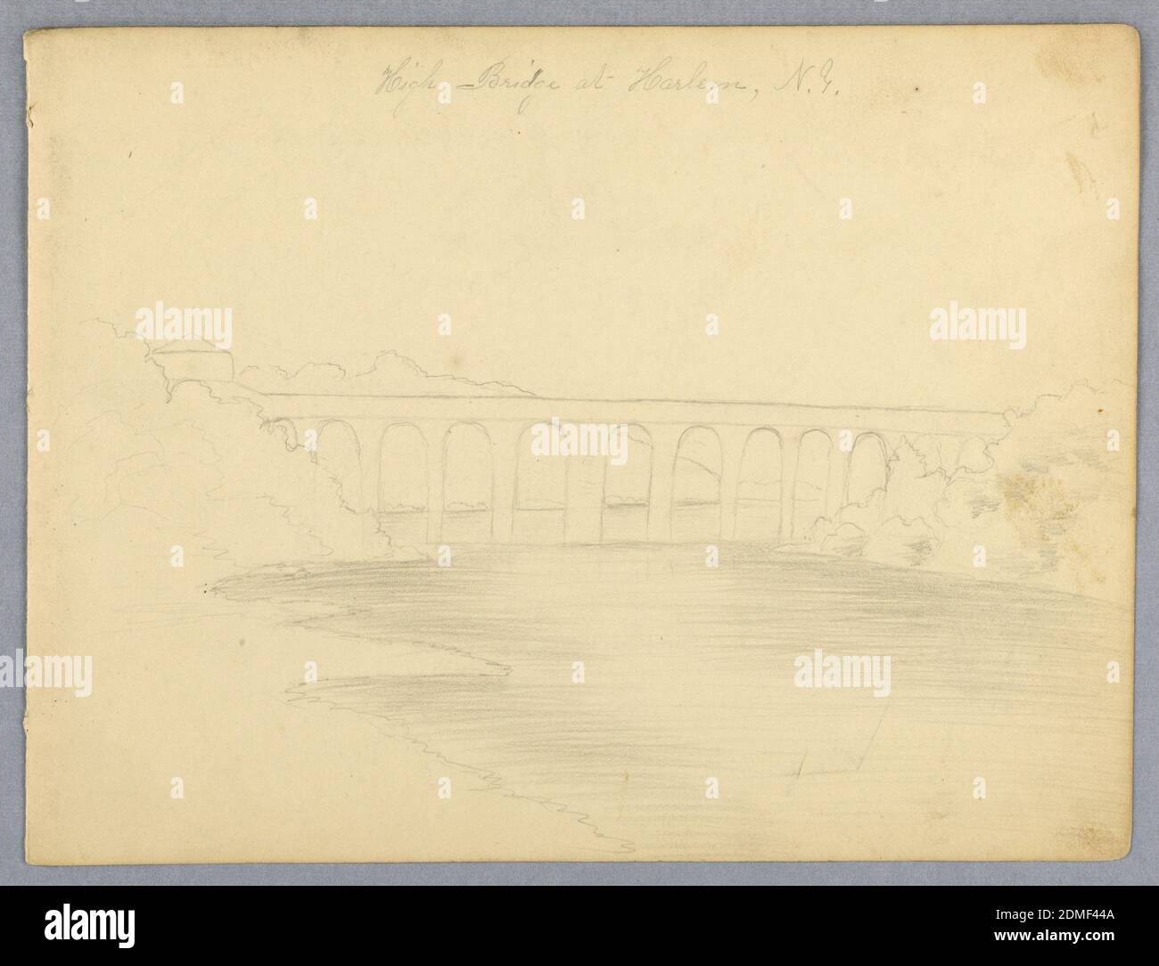 High Bridge à Harlem, New York, Martha S. Day, crayon sur papier, rectangle horizontal. La vue est prise en regardant vers le nord, avec Manhattan Island à gauche et Lon Island à droite. Inscrit en haut (au crayon): 'High Bridge à Harlem, New York', 29 juin 1860, études de la nature, dessin Banque D'Images