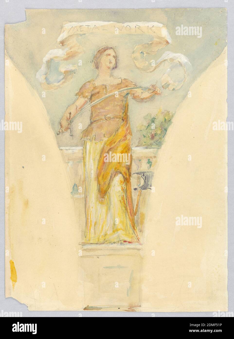 Personnification of 'Matalwork', Study for the Dome of the Manufacturer's Building, World's Columbian exposition, Chicago, il, Kenyon Cox, American, 1856–1919, Brush and aquarelle, gouache blanc, graphite sur papier, étude murale pour pendule. Figure féminine dans une robe jaune et orange, se tenant légèrement face à droite devant une rambarde. Elle tient la hile d'une épée dans une main et la pointe dans une autre, en la pliant., USA, 1891, peintures murales, dessin Banque D'Images
