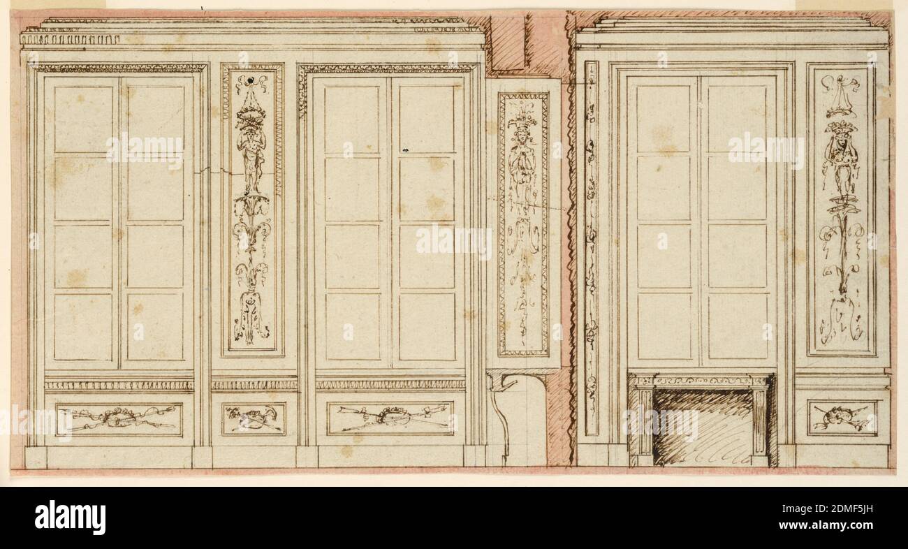 Design pour une chambre à coucher, stylo et encre, brosse et rose lavage, graphite sur papier, l'élévation d'une longue et de la plus grande partie d'un mur court sont montrés séparés par la section d'une niche à l'extrémité du mur long. Les murs ont respectivement deux et une fenêtre. À droite, une pièce de manteau sous la fenêtre d'un petit mur. Des chiffres sur candélabre sont suggérés pour les bandes de pilaster., France, 1800, dessin Banque D'Images