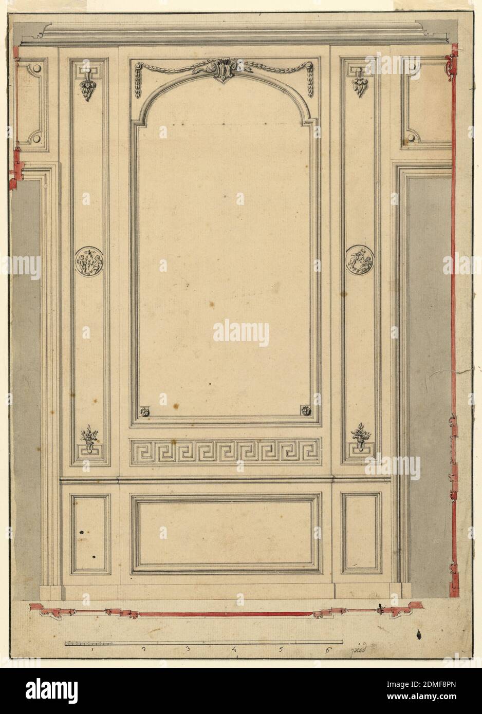 Conception pour un panneau mural, un crayon et de l'encre avec des lavages d'encre sur le papier, la partie centrale projetée montre probablement un cadre de miroir sur une moulure. Bandes pilastres avec médaillons circulaires montrant les enfants, latéralement. Papa en dessous. À l'extérieur se trouvent les parties des ouvertures de porte avec porte ouverte. Section des moulures. Lignes d'encre bordant., France, 1750-1800, dessin Banque D'Images