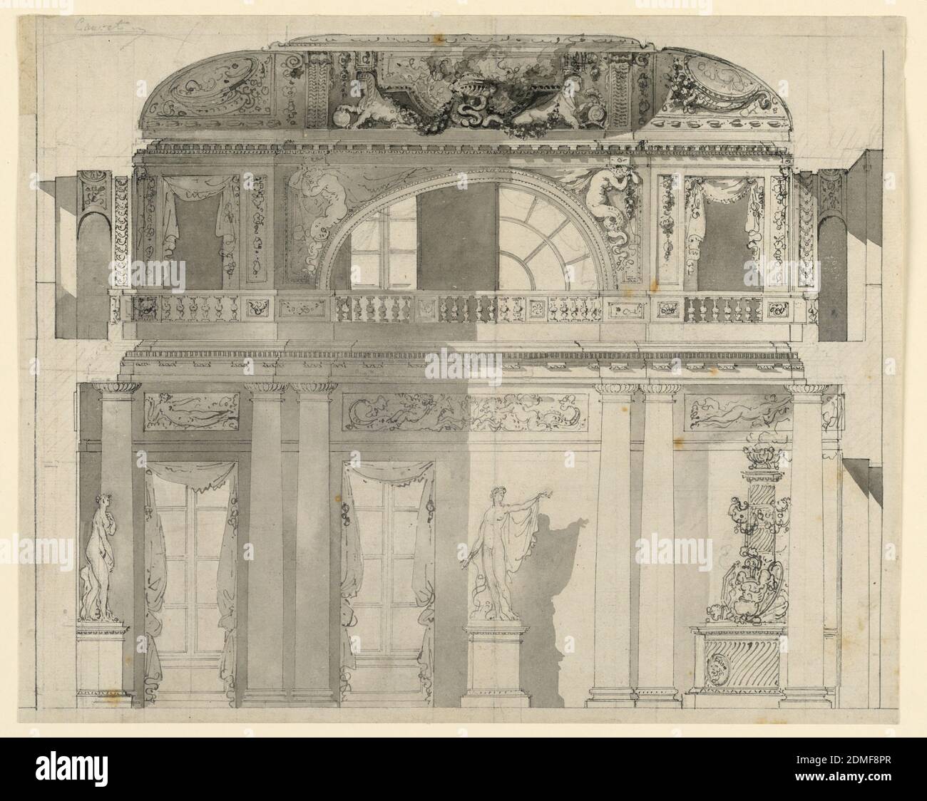 Design pour un salon, avec des statues d'Apollon et de Vénus, Gilles Paul Cauvet, Français, 1731–1788, encre de plume et chinoise, pinceau et aquarelle, graphite sur papier couté, deux options de design sont présentées pour cette galerie et deuxième étage avec balustrade. À gauche, une statue de Vénus se trouve à l'extrémité de la halway perpendiculaire à deux fenêtres. Sur la droite, un monument militaire classique entoure la baie à l'extrême droite et une statue d'Apollon au centre. Le deuxième étage a une fenêtre en forme de demi-cercle., France, ca. 1785, dessin Banque D'Images