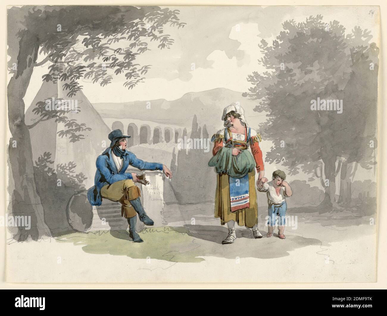 Une femme tenant un garçon avec sa main passant un gentleman assis parmi les ruines dans la Campagna, Bartolomeo Pinelli, Roman, 1781 - 1835, stylo et encre grise avec aquarelle et craie noire sur papier vélin blanc cassé, L'homme tient un livre ouvert dans sa main droite et penche son bras gauche sur un autel, sur lequel il est écrit avec un crayon: 'Pinelli / Fece 1807 / Roma.' Une pyramide et un aqueduc sont à l'arrière gauche., Italie, 1807, dessin Banque D'Images