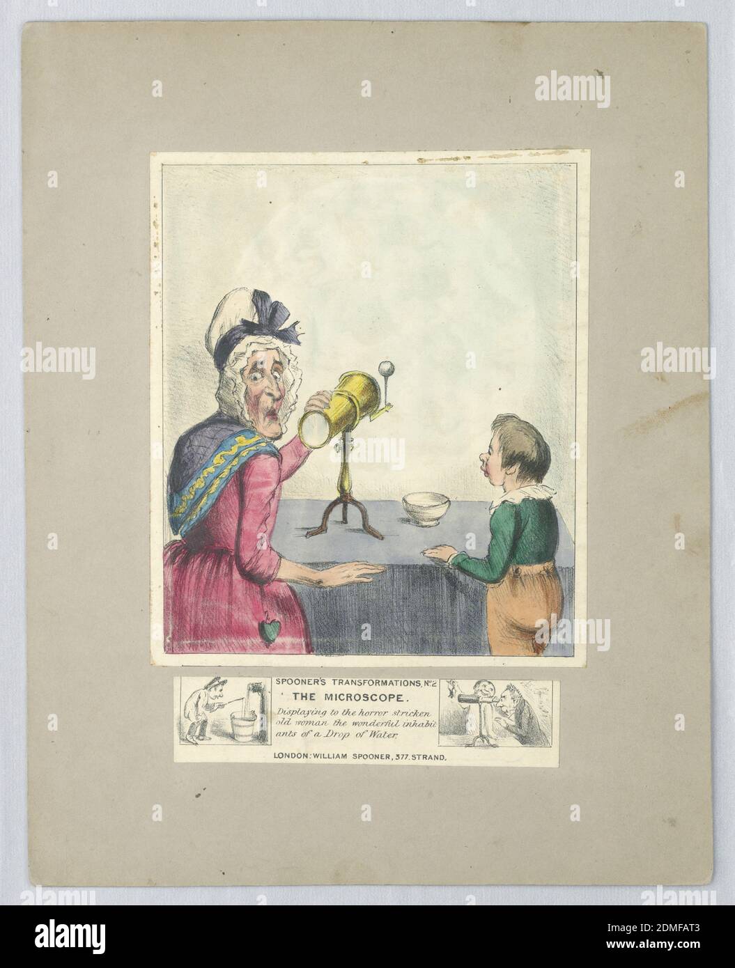 The Microscope », Spooner's transformations, n° 2, William Spooner, Angleterre, active 1830 – 1854, lithographie et pinceau et aquarelle sur papier, titre entre deux vignettes : « l'horreur à la vieille femme frappée par l'horreur les merveilleux habitants d'une goutte d'eau »., Londres, Angleterre, ca. 1838, figures, Imprimer Banque D'Images