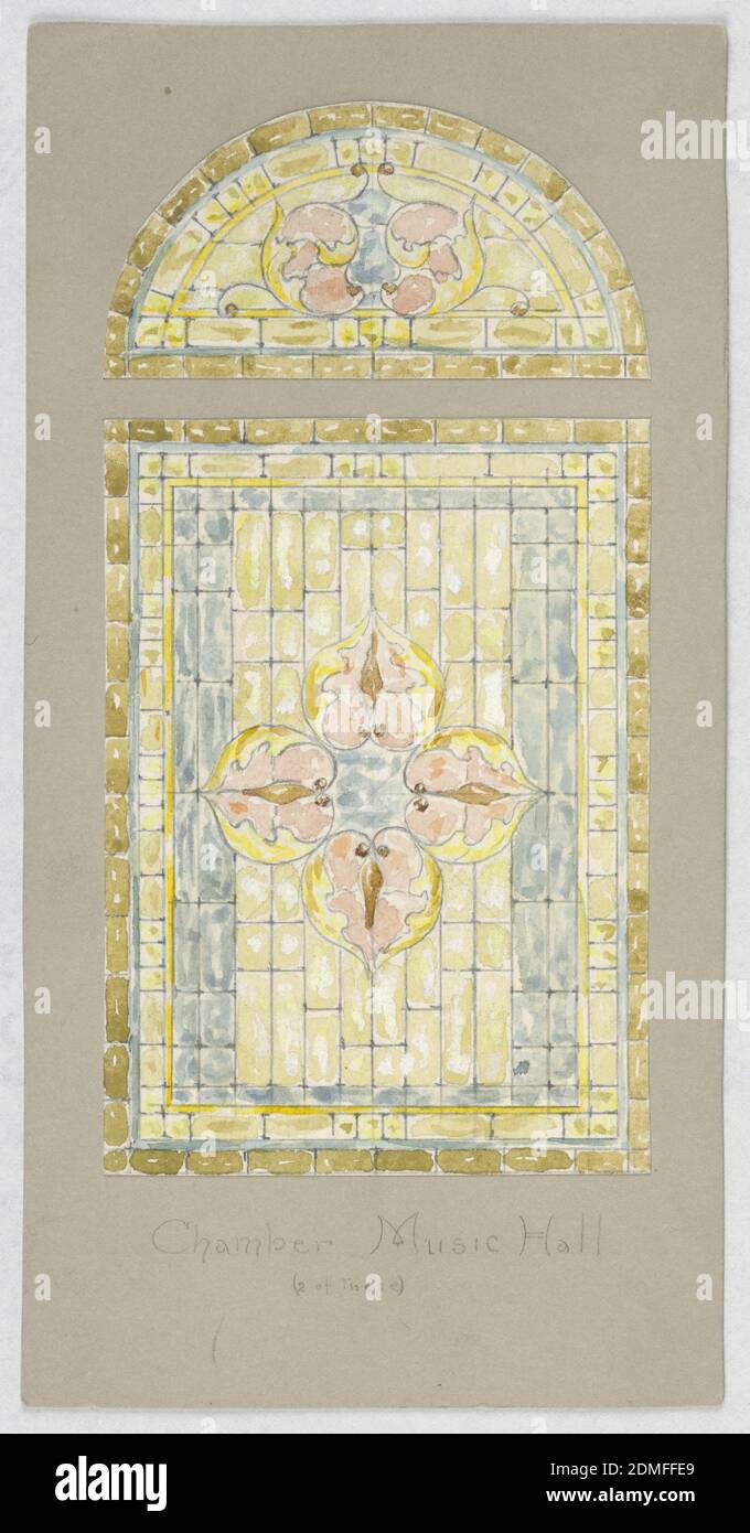 Design pour vitraux : Chamber Music Hall, Carnegie Hall, New York, NY, Alice Cordelia Morse, américaine, 1863–1961, pinceau et lavage, gouache, graphite sur papier monté sur panneau d'illustration Havane, fenêtre rectangulaire en verre jaune et bleu; au centre, quatre pétales; Ci-dessus, lunette en verres multicolores avec bleu et rose., Etats-Unis, fin du XIXe siècle, architecture, intérieurs, dessin Banque D'Images