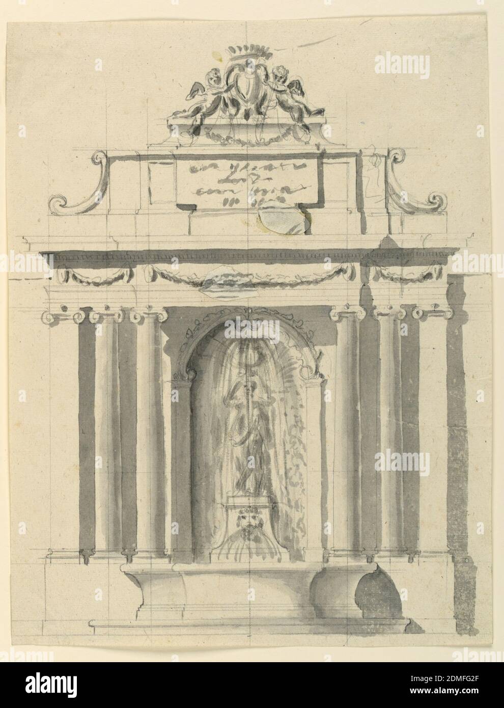 Fontaine murale, Graphite, pinceau et gris sur papier peint, Rome, Italie, 1775, architecture, dessin Banque D'Images
