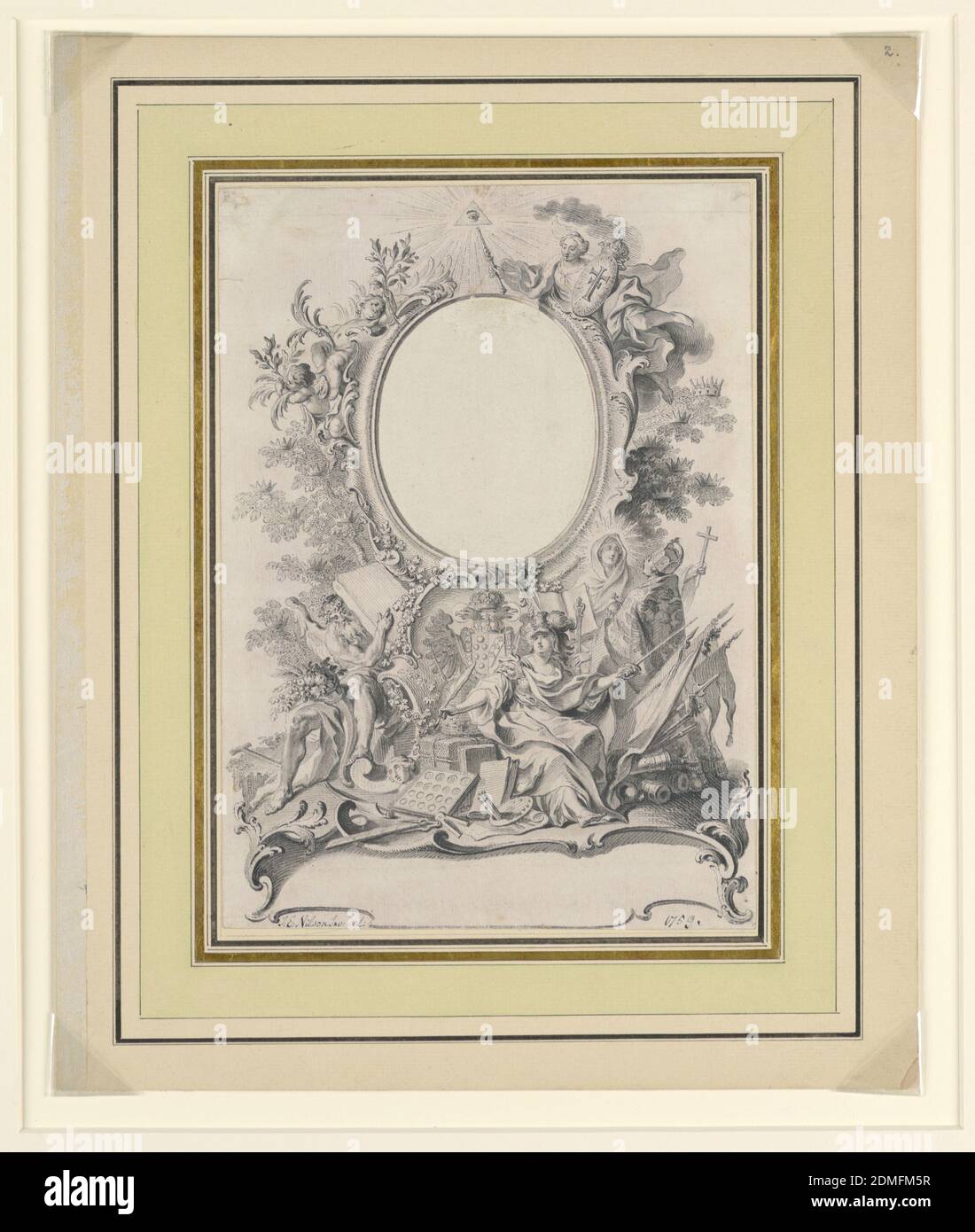 Design pour le cadre du portrait de Charles III, roi d'Espagne, Johann Esaias Nilson, allemand, 1721 - 1788, Graphite, stylo et encre noire, pinceau et lavage sur papier, Design pour une cartouche avec divers éléments de rocaille et figures allégoriques entourant., 1759, ornement, dessin Banque D'Images