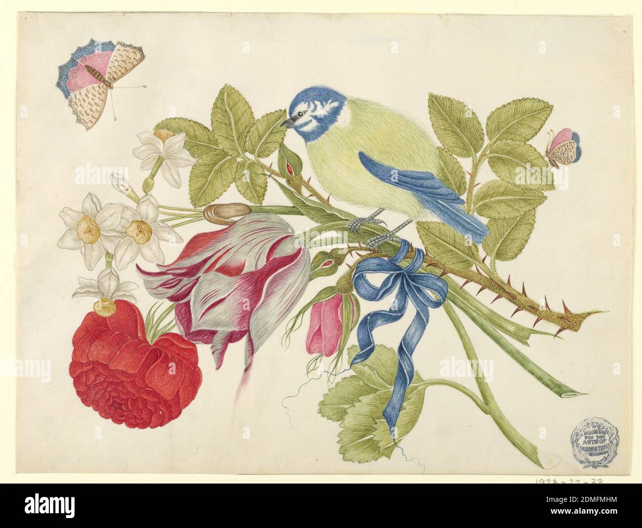 Oiseau jaune et bleu sur le bouquet avec la rose, les tulipes et les jonquilles, avec les papillons, le stylo et l'encre, le graphite sur le papier vélin enduit, oiseau jaune et bleu sur le bouquet avec la rose, les tulipes et les jonquilles, avec les papillons, ca. 1800–1830, mise en plan Banque D'Images