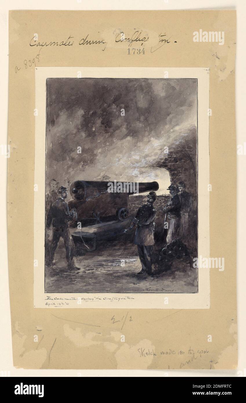 Un fusil de casemate pendant la conflagration, Theodore Russell Davis, américain, 1840 - 1894, Aquarelle sur papier, intérieur d'un fort. Un canon est tiré. Un officier et six soldats., USA, 1887, architecture, intérieurs, dessin Banque D'Images