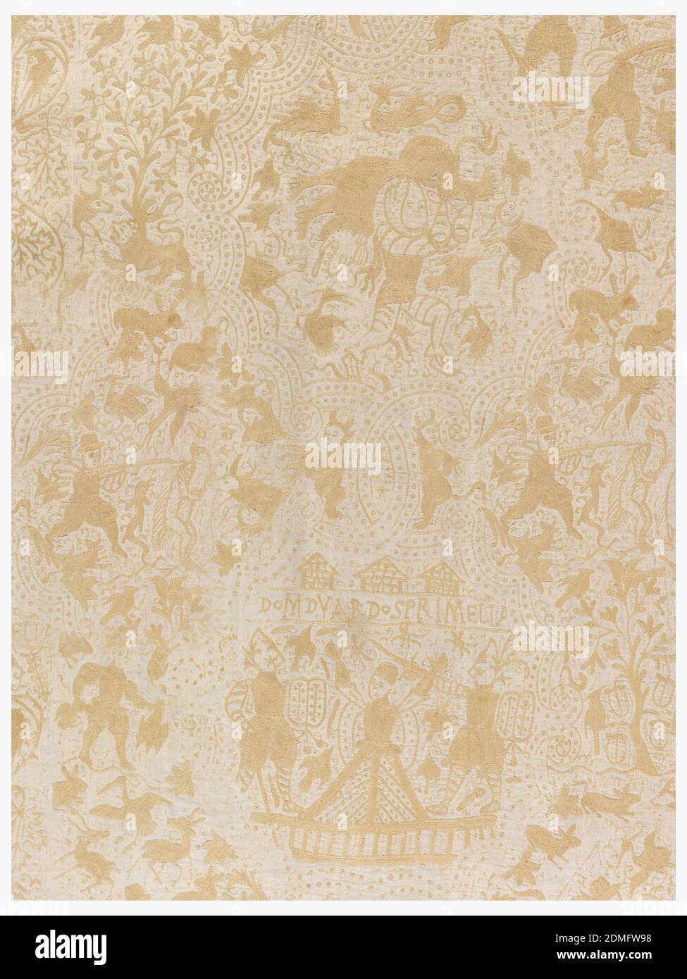 Coverlet, Moyen: Coton, soie de tussah technique: Broderie à point de chaîne, groupes de figurales indo-européens, combinaisons de plantes et d'animaux, en grands médaillons lobés en arrangement horizontal-vertical sur un sol rempli de petites figures, motifs floraux, oiseaux et animaux. En maille de soie jaune grossière sur un terrain en coton non teinté, Bengale, Inde, XVIIe siècle, broderie et couture, couvre-lit Banque D'Images