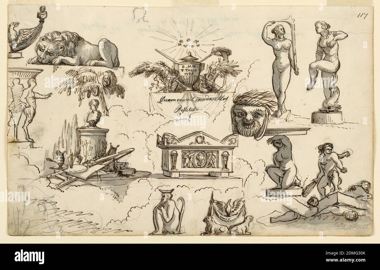 Motifs décoratifs, Romolo Achille Liverani, italien, 1809 - 1872, stylo et encre, aquarelle en forme de pinceau et gris, graphite sur papier, rectangle horizontal. Rangée de gauche : au-dessus, le côté droit de la statue d'un aigle exposé soutenant un buste avec le point de son aile. Centre : deux satyres soutenant un bol ou une table. Ci-dessous : croquis en graphite d'une sirène et d'un sphinx. Deuxième rangée : au-dessus, un lion, allongé, sur une base. Ci-dessous, un monument: Un buste avec une guirlande, debout sur un haut piédestal sur les marches; ci-dessous sont les outils d'un peintre, et une lyre. Rangée centrale, au-dessus : en dessous d'une gloire légère se dresse une urne Banque D'Images