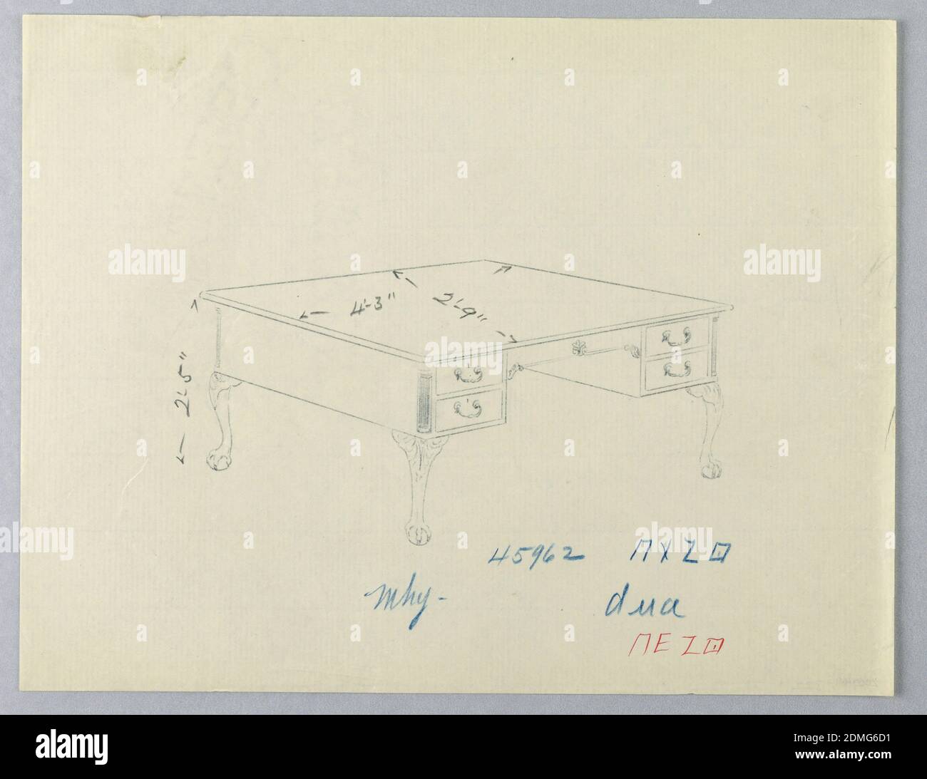 Conception pour table de bibliothèque avec pieds Lion-Paw, A.N. Davenport Co., traçage de carbone, graphite, crayon bleu et rouge sur papier crème mince, 1900–05, mobilier, dessin Banque D'Images