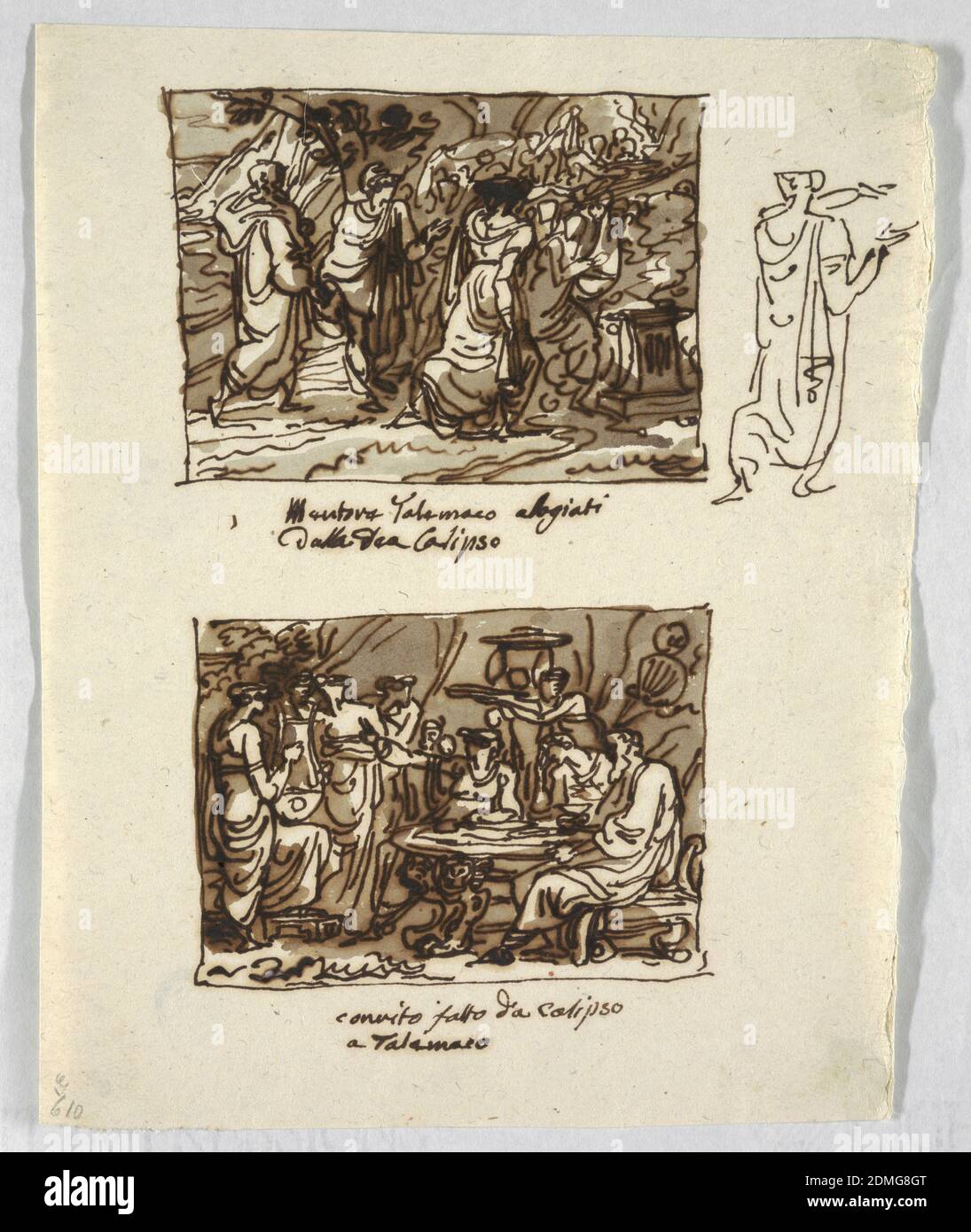 L'histoire de Telemachus, Felice Giani, Italien, 1758–1823, stylo et encre brune, pinceau et lavage, sur papier crème, Top: Telemachus et son compagnon Minerva déguisés comme Mentor invité par Calypso dans son logement. Elle est montrée de la marche arrière droite, au centre. Un autel est dans la forground droite. Les serviteurs préparent le repas à la bonne distance. Légende: '1 Mentore Talemaco alogiati/dalla Dea Calipso.', dans la marge de droite est un croquis de plume pour une pose légèrement modifiée de Calypso. Bottom Calypso assis au dîner avec ses invités donner des ordres à un groupe de chanteurs et un joueur de lyre Banque D'Images