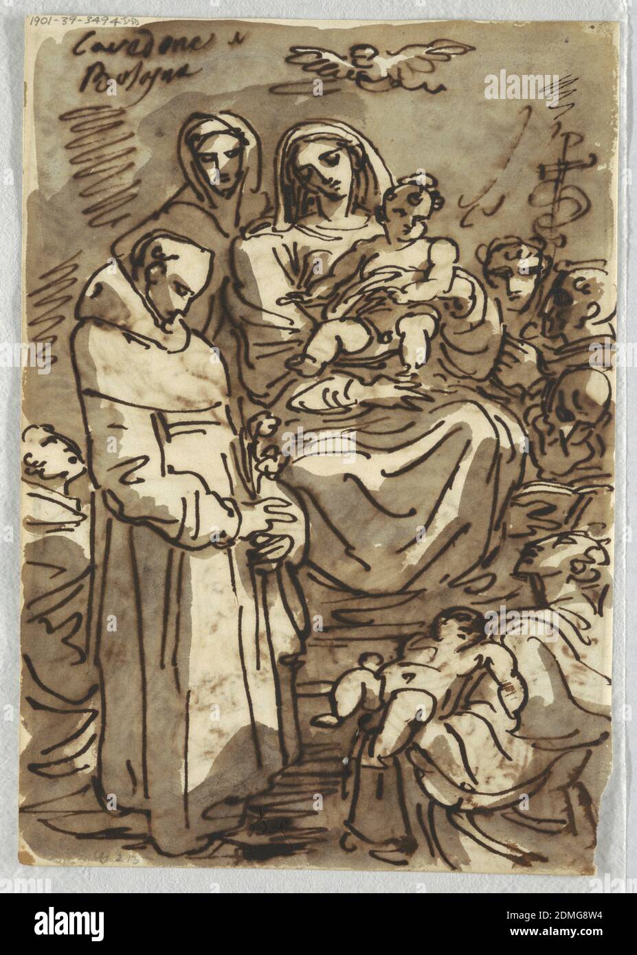 Sainte Trinité avec le Christ mort en gloire après Palma Giovane; Adoration des Magi, Etude après Lodovico Carracci, Felice Giani, Italien, 1758–1823, stylo et encre brune, pinceau et brun foncé laver sur des traces de craie noire sur papier blanc couché, dessin supérieur de Christ couché figure sur des nuages soutenus par le putti et Dieu le Père. Dessin inférieur de l'adoration des Mages avec la Sainte famille à droite et les Rois à gauche; un boeuf au centre de l'arrière-sol., Italie, 1810–20, figures, folio de Sketchbook, folio de Sketchbook Banque D'Images Sainte Trinité avec le Christ mort en gloire après Palma Giovane; Adoration des Magi, Etude après Lodovico Carracci, Felice Giani, Italien, 1758–1823, stylo et encre brune, pinceau et brun foncé laver sur des traces de craie noire sur papier blanc couché, dessin supérieur de Christ couché figure sur des nuages soutenus par le putti et Dieu le Père. Dessin inférieur de l'adoration des Mages avec la Sainte famille à droite et les Rois à gauche; un boeuf au centre de l'arrière-sol., Italie, 1810–20, figures, folio de Sketchbook, folio de Sketchbook Banque D'Images