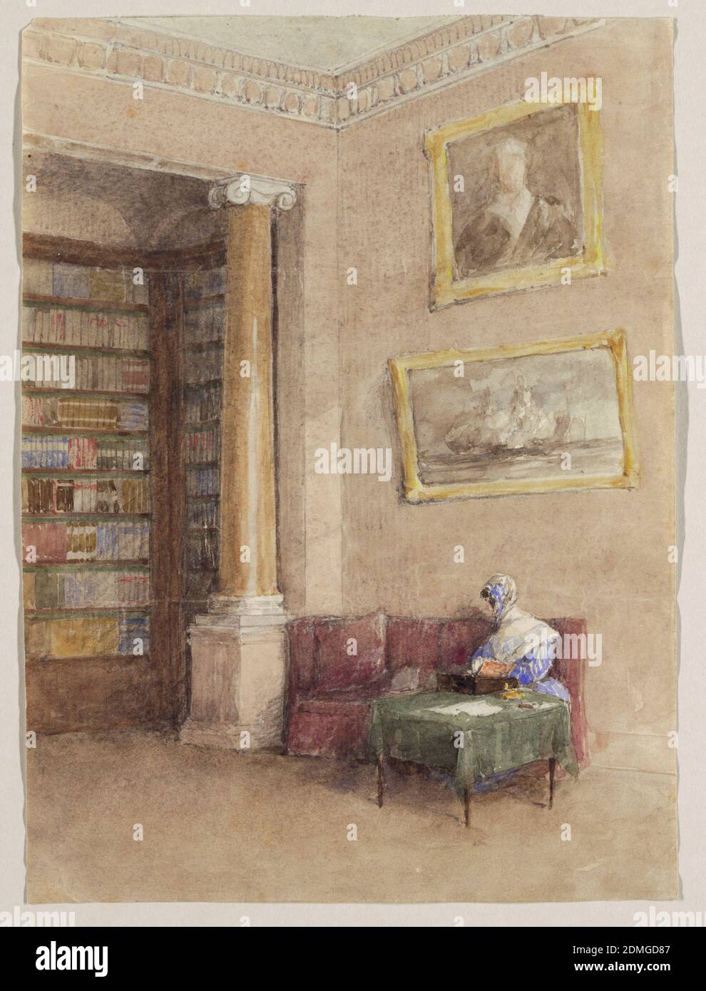 Bibliothèque, Unknown, Anglais, Brush et aquarelle et graphite, dans cette vue en biais dessinés avec des croquis de l'intérieur d'une bibliothèque, une femme est assise sur un canapé marron devant une table carrée recouverte d'un tissu vert. Un portrait et ce qui semble être une peinture de navire pendent sur le mur au-dessus. Une alcôve de bibliothèque est séparée du salon par une colonne sur la base avec une capitale dans le style Ionic., peut-être 1850, intérieurs, dessin Banque D'Images