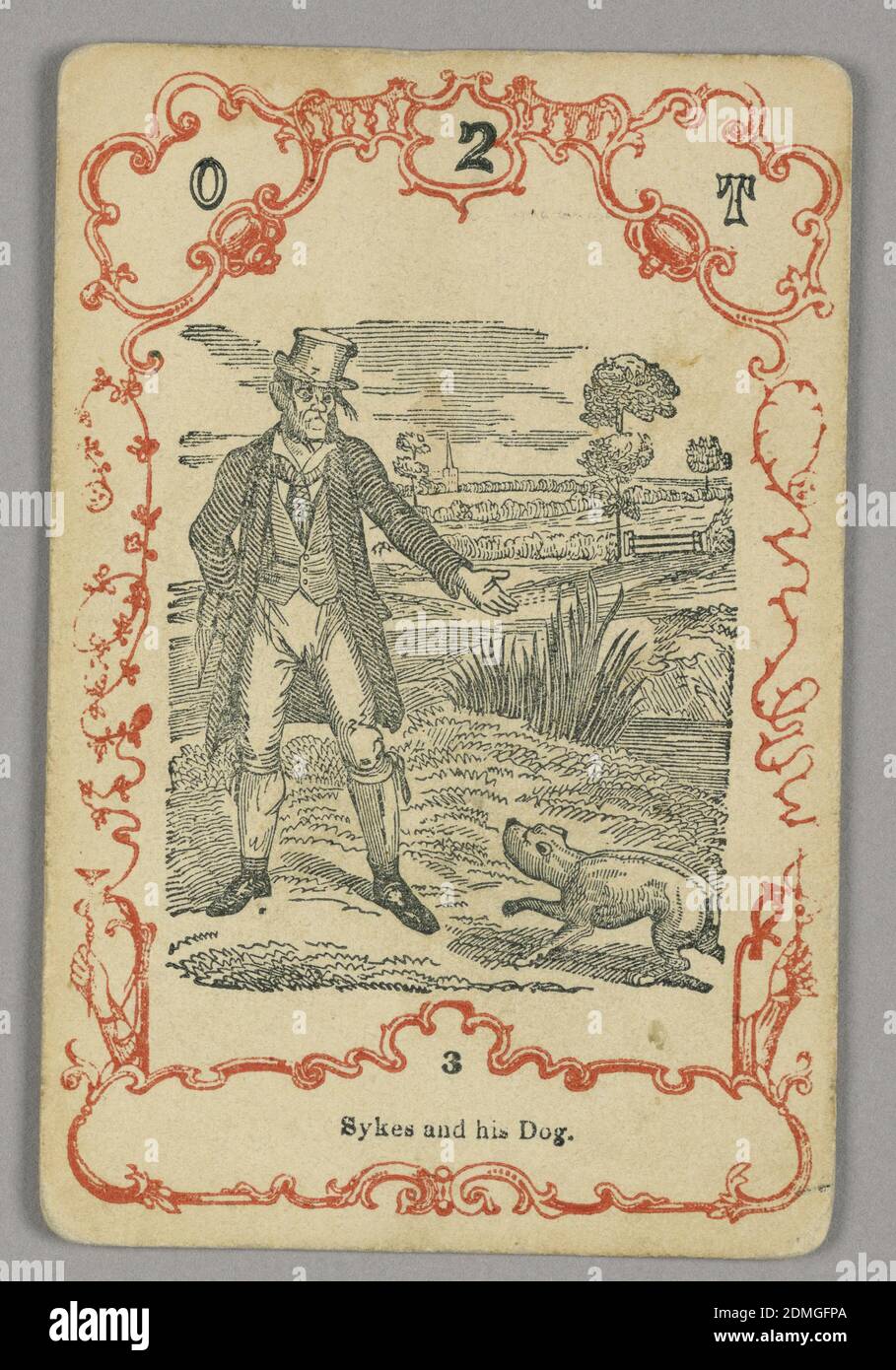 Carte à jouer, encre rouge et noire, papier, carte numérotée en haut: O 2 T; en dessous de l'image centrale: 3, Europe, ca. 1855, carte à jouer Banque D'Images