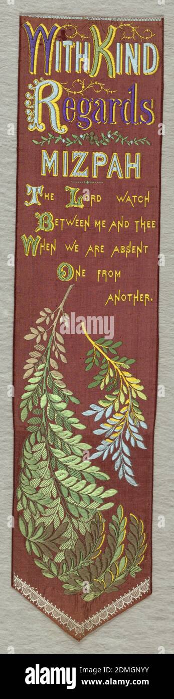 Bookmark, Medium: Silk technique: jacquard Woven, ruban rouge avec le texte en haut qui se lit comme suit: 'Avec respect Mizpah le Seigneur montre entre moi et toi quand nous sommes absents l'un de l'autre.' Ci-dessous se trouvent des frondes feuillues et une petite bordure en V de dentelle festonnée., Coventry, Angleterre, 1870–1880, textiles tissés, Bookmark Banque D'Images