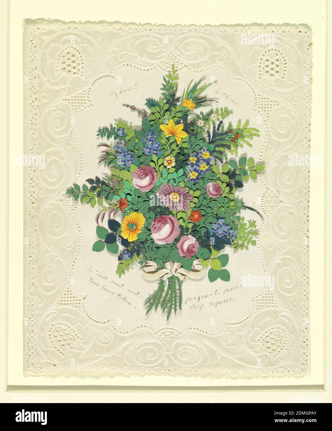 Saint-Valentin, papier découpé à la machine, dépage sur papier nappé, disposé, bouquet de fleurs colorées en rose, bleu, jaune et feuilles de différents verts. Le papier découpé est décoré de spirales et de pois. Inscriptions partout., Europe et Etats-Unis, 19e siècle, design graphique, carte de vœux, carte de vœux Banque D'Images