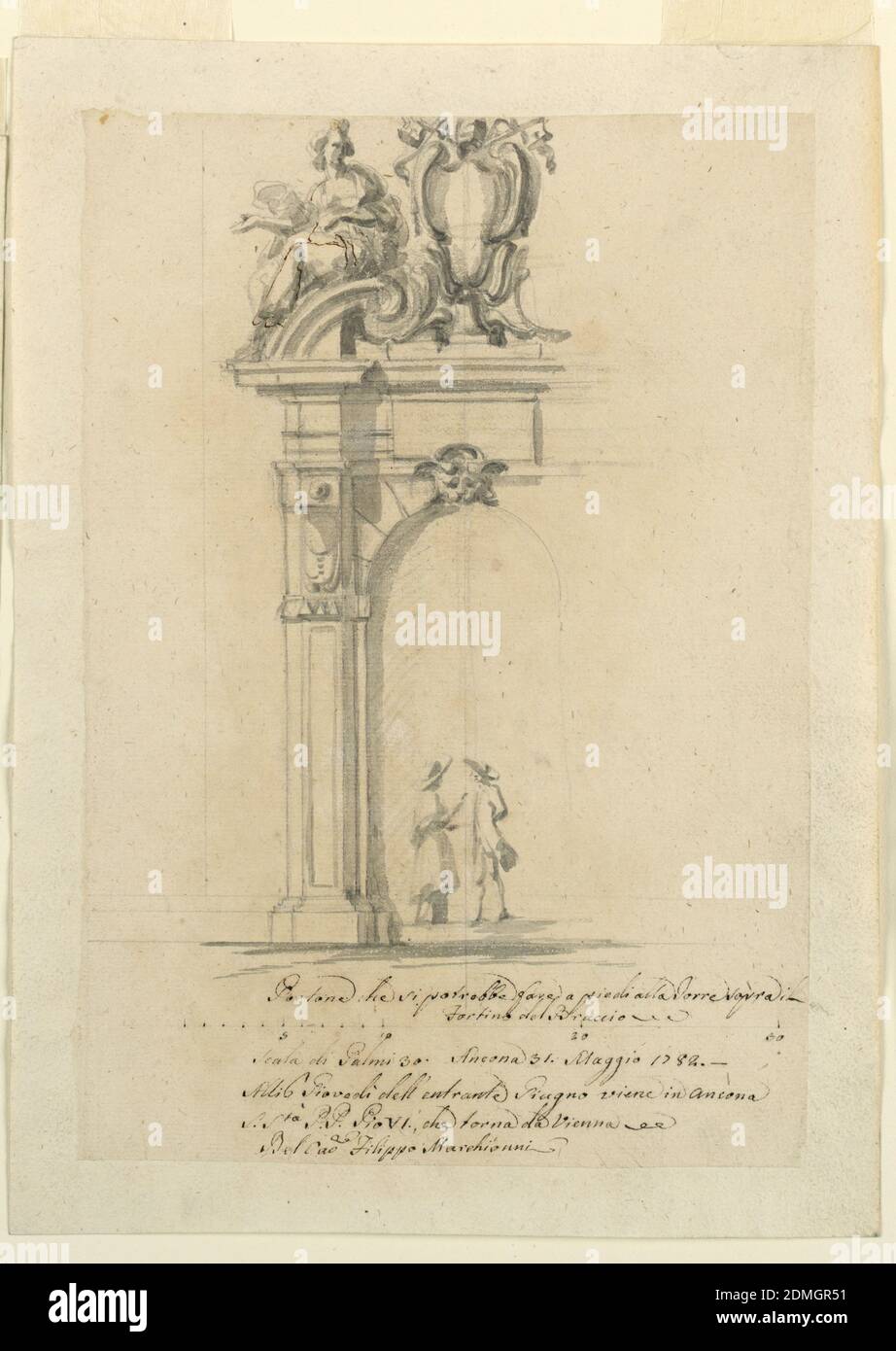 Conception d'une porte, pour la réception du Pape Pie VI de retour d'Allemagne, à Ancona, Filippo Marchionni, Italien, 1732–1805, Graphite, aquarelle de pinceau et gris, stylo et encre sur papier, une arche avec un masque comme pierre à clavette, et avec des piliers soutenant l'entablature. Au-dessus se trouve un pediment brisé avec une éperon papale debout sur un pied au centre. Sur le cornice la figure d'une femme. Un prêtre et un homme conversant. Ci-dessous est l'échelle., Italie, mai 1782, architecture, dessin Banque D'Images