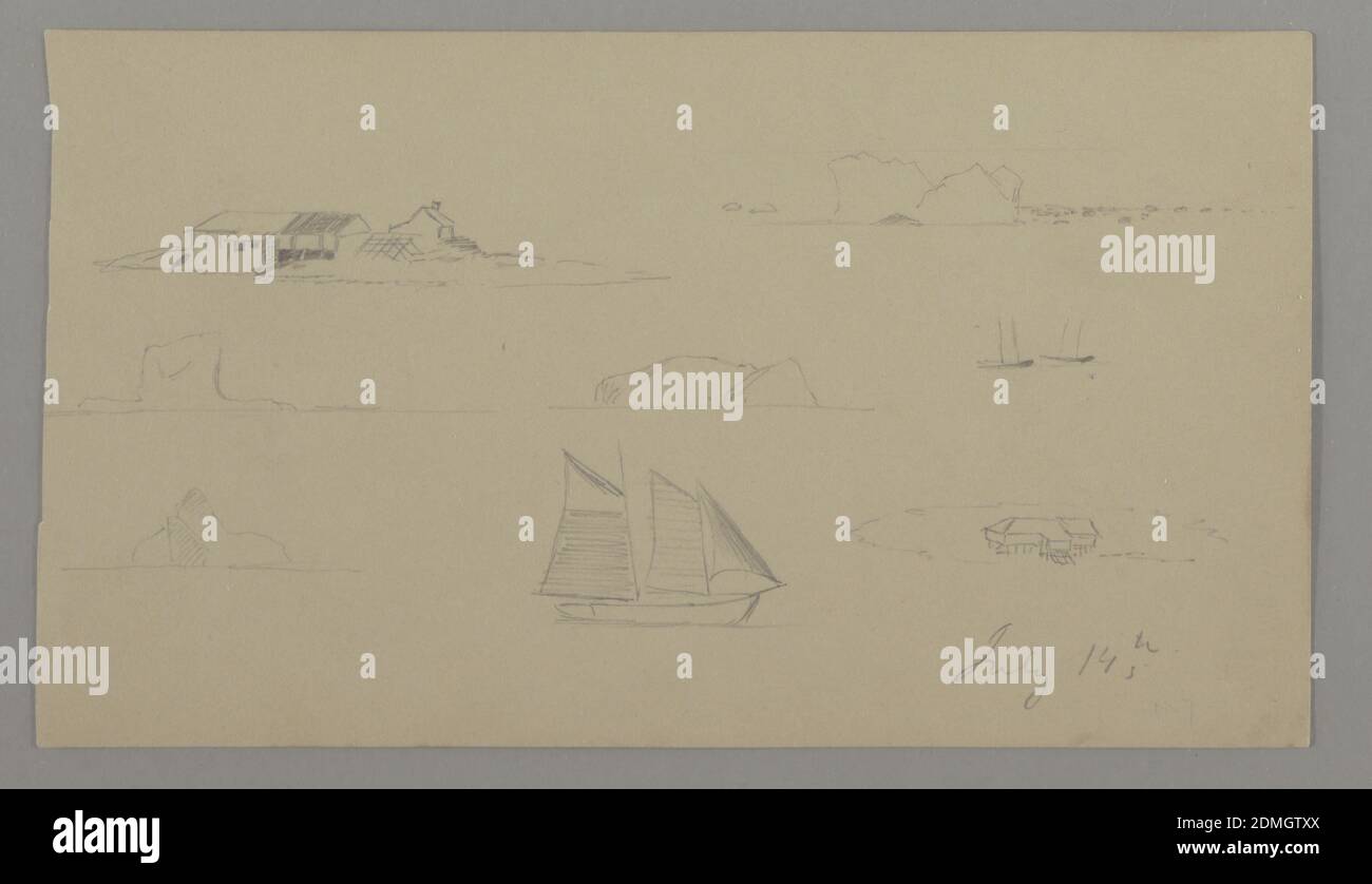 Esquisses de Labrador, Frederic Edwin Church, American, 1826–1900, Graphite sur papier brun clair, huit esquisses sur une seule feuille. Rangée supérieure, de gauche à droite: Un groupe de maisons sur la rive; iceberg flottant avec des débris. Rangée centrale : deux vues lointaines des icebergs ; vue éloignée de deux voiliers à l'ancre. Rangée du bas: Vue lointaine d'un iceberg; un voilier avec trois voiles en profil; vue d'oiseau d'une maison debout sur des poteaux., USA, peut-être 14 juillet 1859, paysages, dessin Banque D'Images