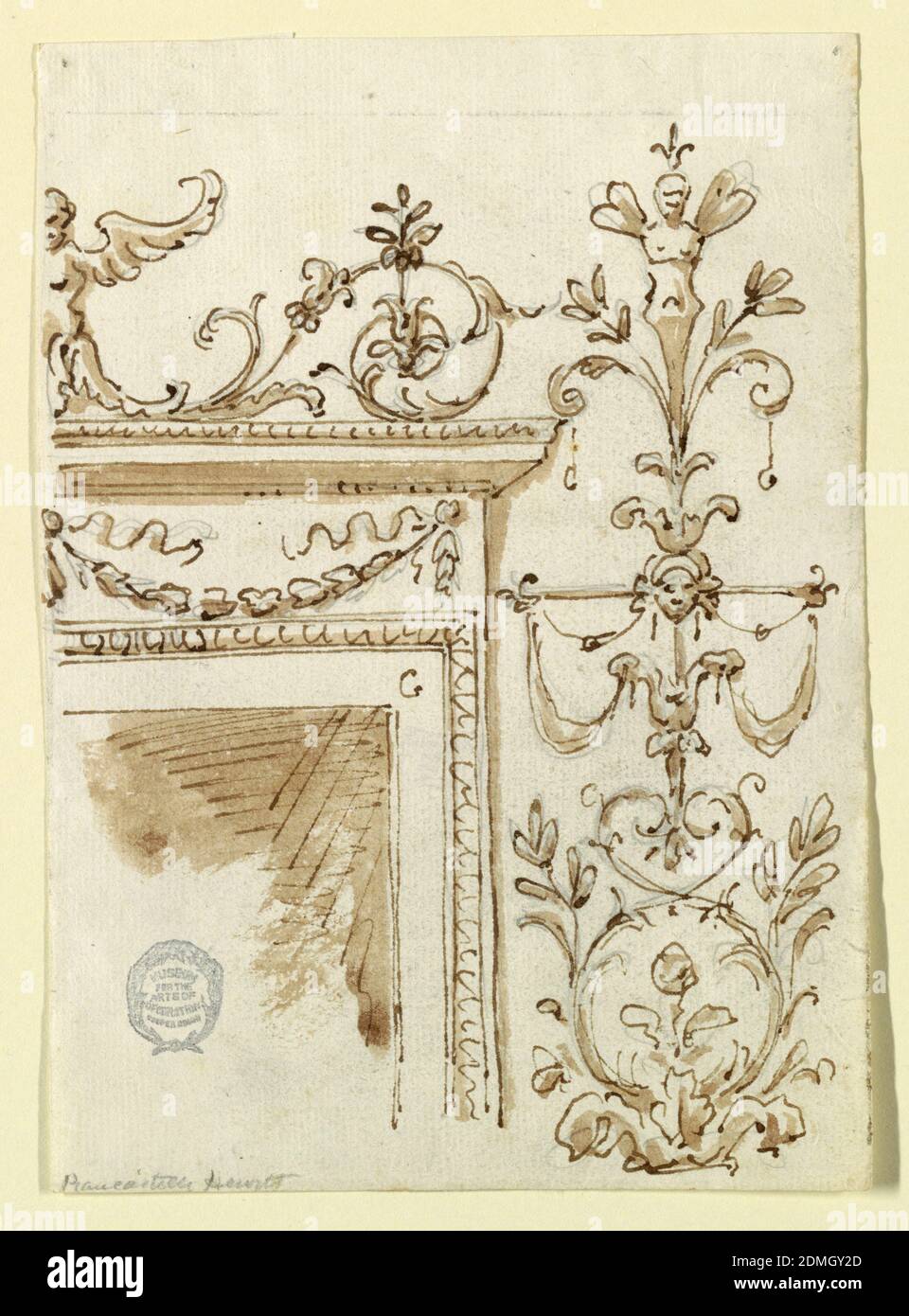 Projet pour une chimièce, Graphite, stylo et encre, pinceau et sépia sur papier, la moitié droite d'une chimièce. Dans la frise sont des festons. Au-dessus de l'entablature se trouve un rinceau provenant d'une demi-figure ailées au centre. A côté se trouve un candélabre de motifs floraux provenant d'un calice et d'un herm avec les ailes d'un papillon., Europe, fin du XVIIIe siècle, ornement, dessin Banque D'Images