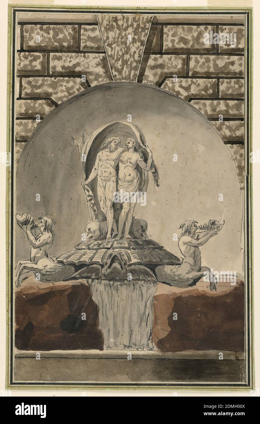 Élévation d'une fontaine, d'un stylo et d'une encre noire avec un lavage gris et brun sur papier blanc cassé sur support papier secondaire, UN mur rustiqué avec une pierre à clés encadre une niche avec une fontaine de Poséidon et Amphitrite debout sur un plateau rocheux avec des dauphins à leurs pieds. Ci-dessous, deux mermen soufflent sur des conques., Italie, 1820–1850, architecture, dessin Banque D'Images