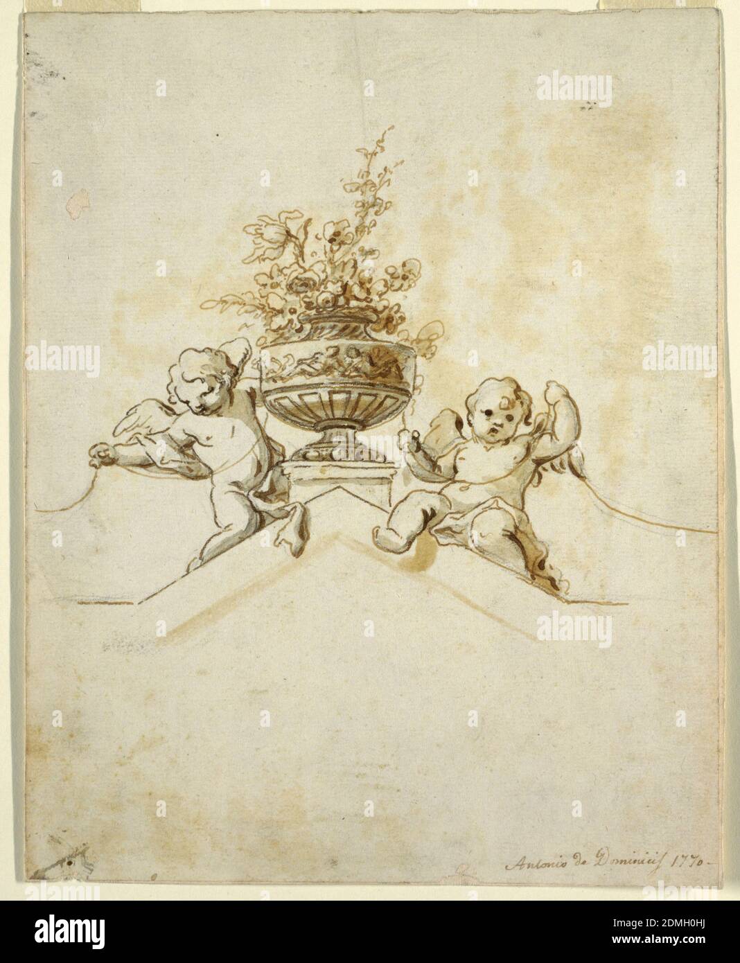 Etude pour une décoration murale peinte: Deux Putti à côté d'un vase avec fleurs, Antonio de' Dominici, Italien, ca. 1730–après 1800, stylo et lavage à l'encre brune et à la craie noire, sur papier blanc cassé, doublé, la rose se tient sur un piédestal derrière le sommet d'une moulure triangulaire. Le putto gauche s'agenouille, le putto droit est assis. Ils portent une corde qui balance du vase., Italie, ca. 1720, figures, dessin Banque D'Images