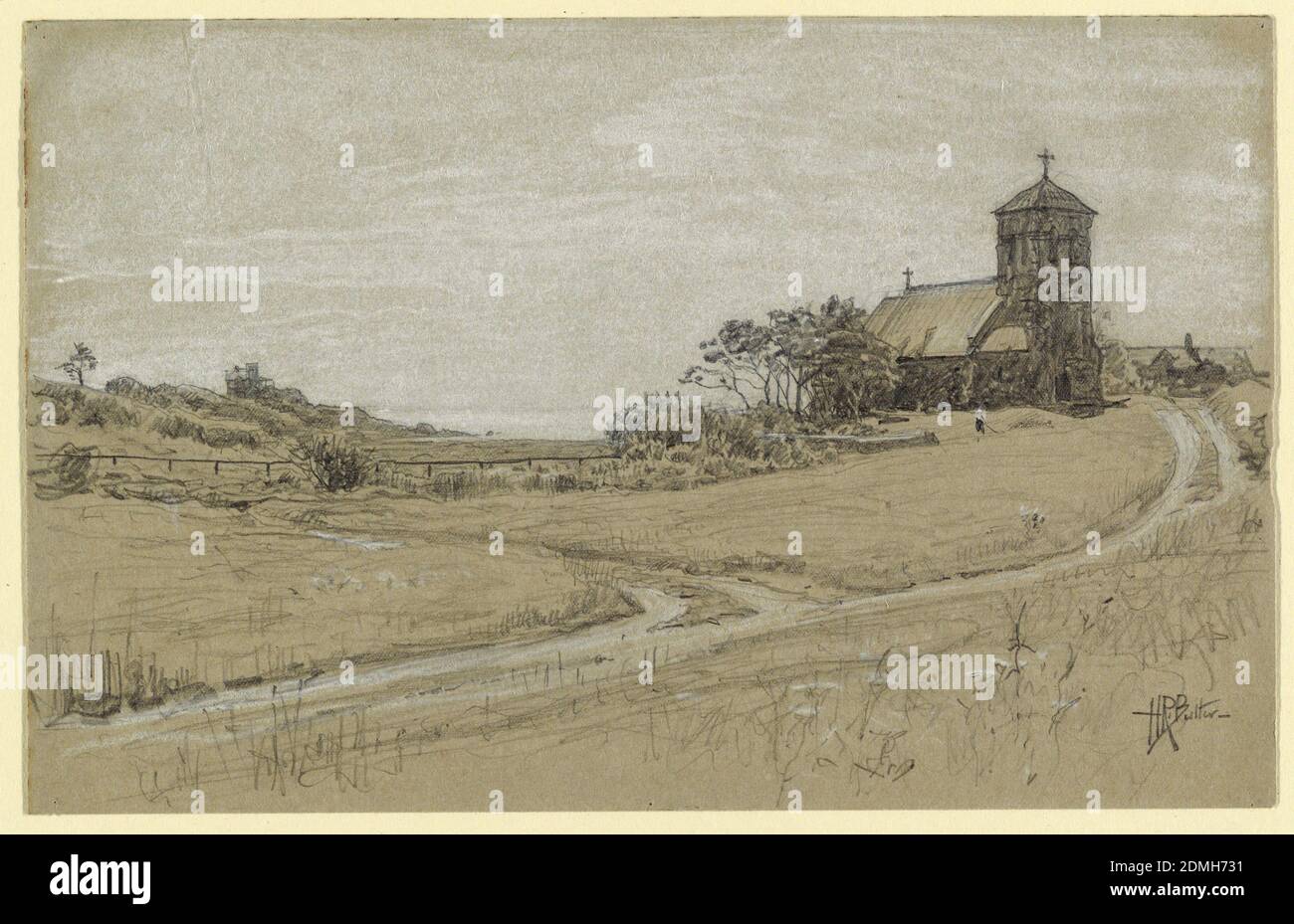 Paysage, Howard Russell Butler, cuisine américaine, 1856 - 1934, Noir, crayon blanc sur papier gris, rectangle horizontal. Campagne vallonnée avec vue sur la mer au centre. Une église et un presbytère sont situés dans le plan central droit. Un homme se hante devant l'église., Etats-Unis, 1880–90, paysages, dessin Banque D'Images