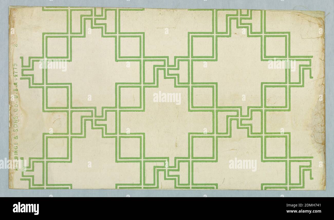 Papier de plafond, imprimé à la machine, DESSIN de deux lignes vertes parallèles évoquant un motif de Chippendale chinois. La conception Fret Work masque la conception rectangulaire. Arrière-plan blanc. Sélectionnez « M.H.. » Birge and Sons Co. U.S.A., 4779-2'., Buffalo, New York, États-Unis, 1890–1900, revêtements muraux, papier de plafond Banque D'Images