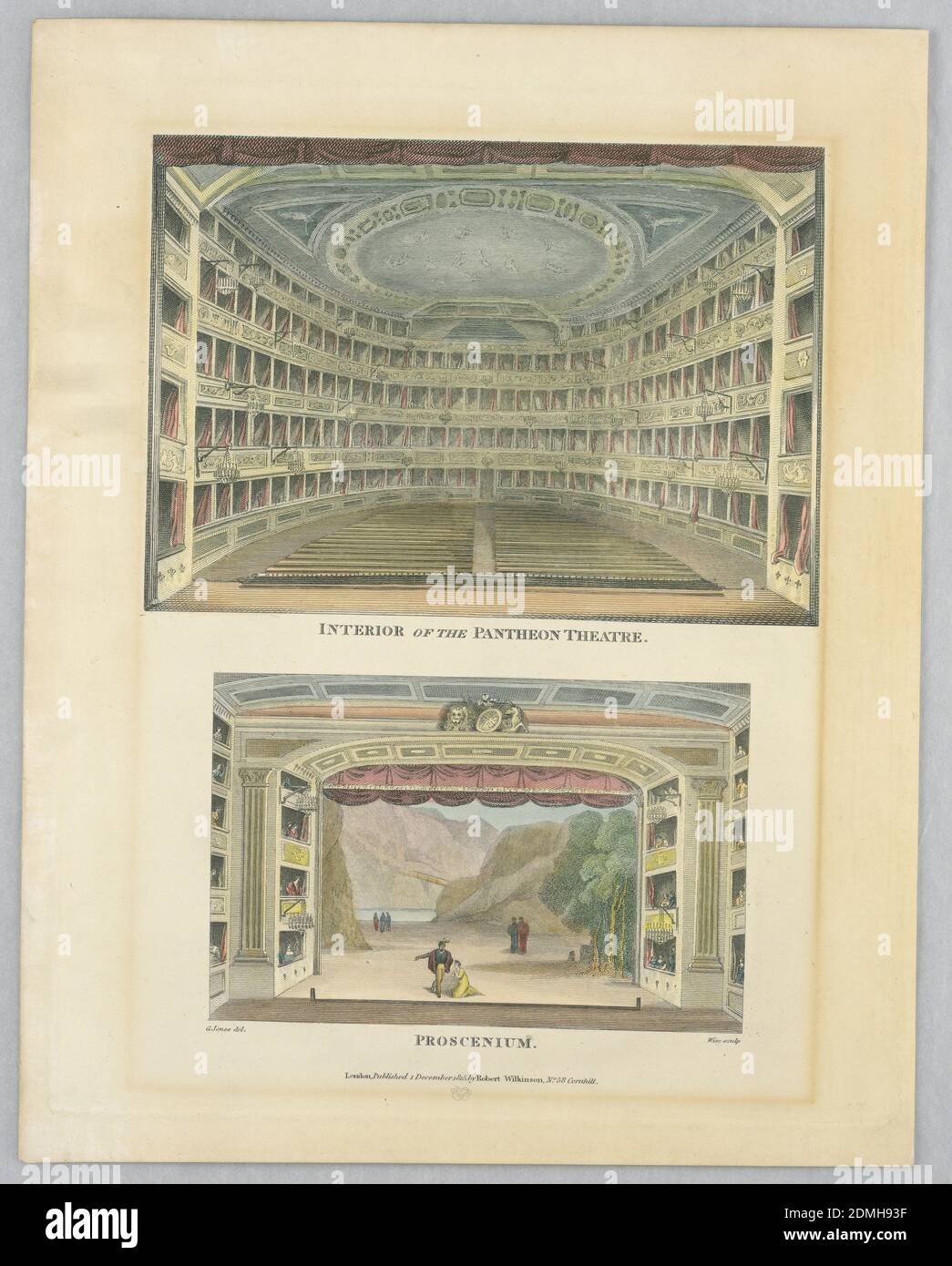 Intérieur du Panthéon Theatre, Wise, Jones, gravure de lignes de couleur, Angleterre, 1815, Imprimer Banque D'Images