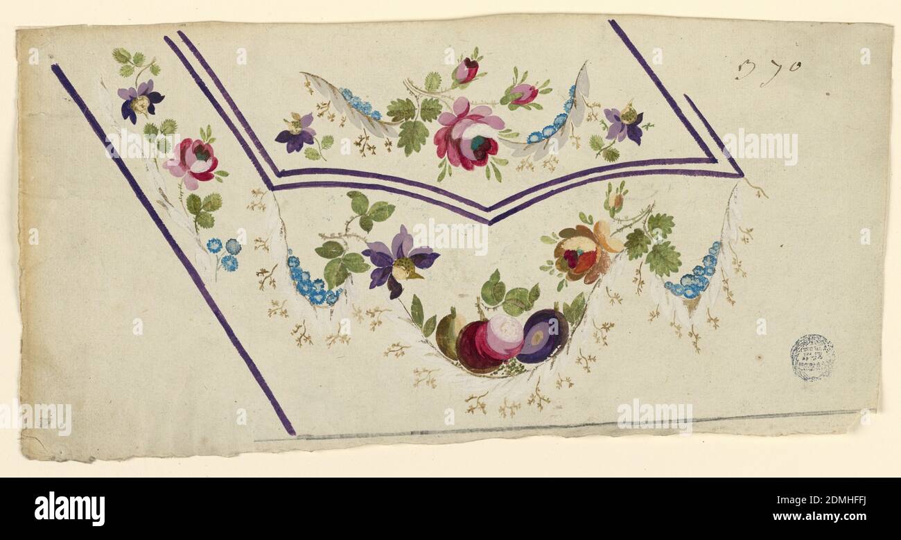 Design pour un gilet de costume, crayon et diverses gouaches sur papier, Design pour la broderie de la partie inférieure gauche du gilet d'un homme. Bords lilas. Un bough de rose, deux bourgs de fleur fantastiques, et deux feuilles transportant des fleurs décorent le rabat de la poche. Des motifs similaires décorent le champ, les motifs feuilles formant des festons sous la poche. Les graines sont montrées au lieu de fleurs dans le centre., France, 1780-1790, dessin Banque D'Images