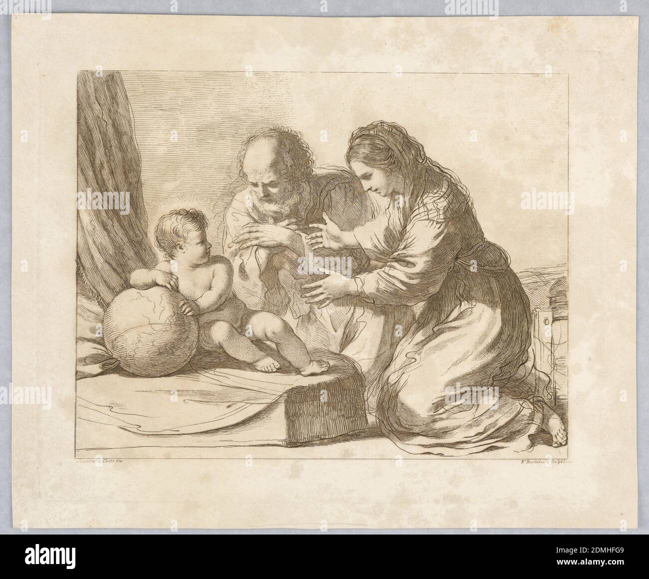 La Vierge Marie, Joseph, et l'enfant, avec un Globe, Francesco Bartolozzi, italien, Angleterre active, 1727–1815, Giovanni Francesco Barbieri (appelé Guercino), italien, 1591 – 1666, engravant de l'encre brune sur papier beige, l'enfant est assis à gauche avec hsi à nouveau sur un rideau et s'appuie sur le Globe. La Vierge à droite, lui atteint, avec Joseph entre et derrière eux. Ci-dessous, les noms de l'artiste et le lieu de publication., Italie, Angleterre, 1764, Imprimer Banque D'Images