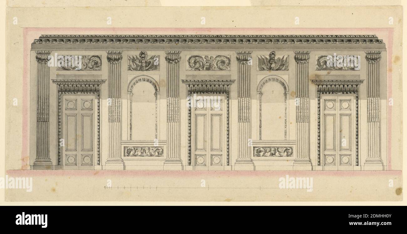 Élévation du mur d'entrée d'un hall, stylo, encre chinoise, aquarelle rose et de l'encre lave sur papier, cinq panneaux muraux de cadre de pilastres cannelés dans lesquels trois portes pliantes alternent avec deux ouvertures de fenêtre voûtées simulées. Ombre moulée dans la partie supérieure. Marge inférieure: L'échelle., France, ca. 1800, dessin Banque D'Images