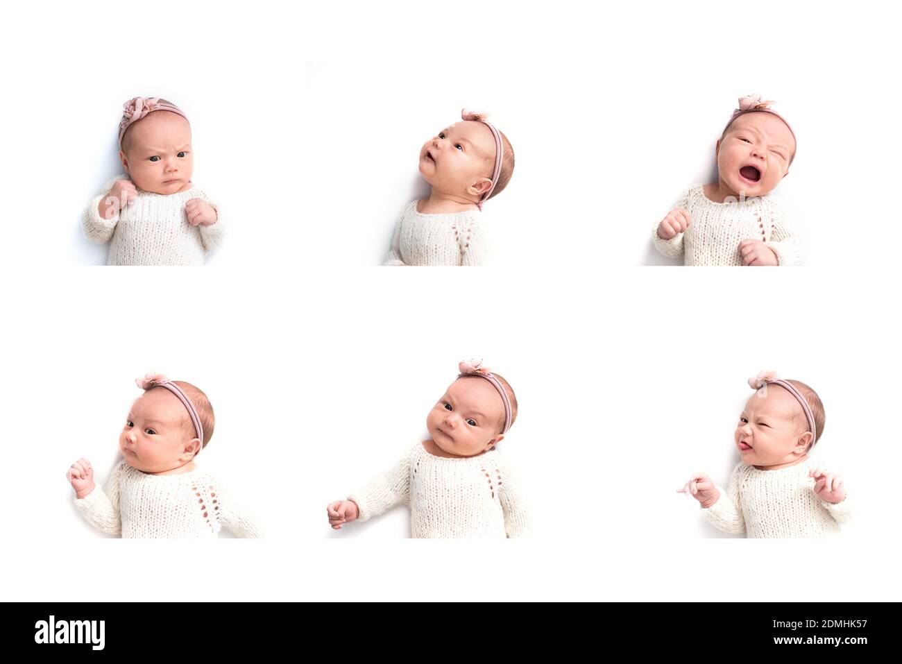 Nouveau-né émotions de bébé, fond blanc. Visage drôle d'un enfant, émotions. Banque D'Images
