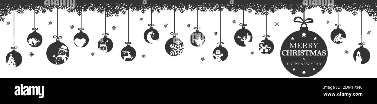 vecteur eps10 avec boules suspendues de couleur noire avec différents abstraits icônes pour les concepts de noël et d'hiver avec de la neige blanche fond en flocon Illustration de Vecteur