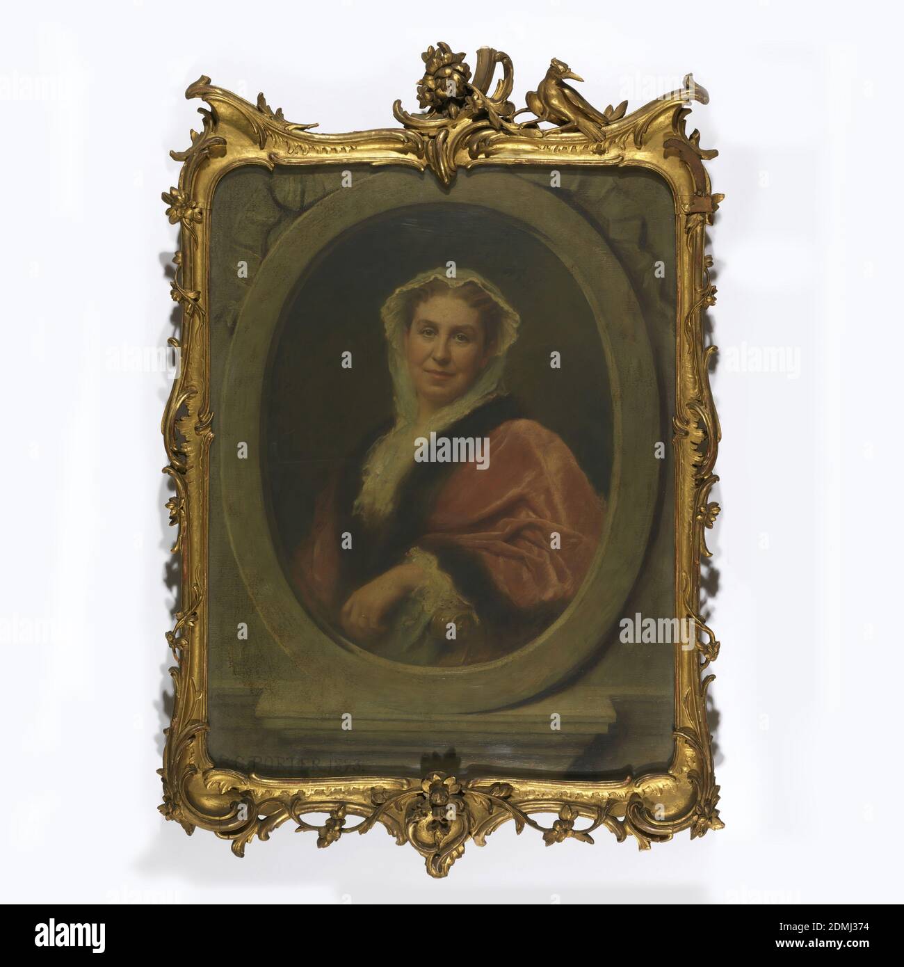 Portrait de Sarah Amelia Cooper, huile sur toile, buste de portrait d’une femme dans un capot blanc, portant une robe rose doublée de fourrure avec des volants blancs, dans un cadre ovale en trompe l’œil., Boston, Massachusetts, Etats-Unis, 1893, portraits, peinture, peinture Banque D'Images