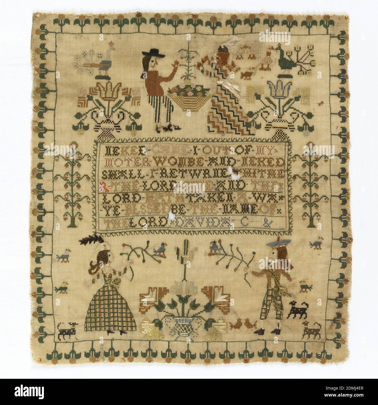 Sampler, Davida C., Medium: Soie broderie sur laine technique: Dos, double exécution et satin points sur le tissage Uni, verset; figures humaines; paniers de fleurs, oiseaux et arbres; dans une bordure de fleurs., Écosse, 19e siècle, broderie et couture, Sampler Banque D'Images