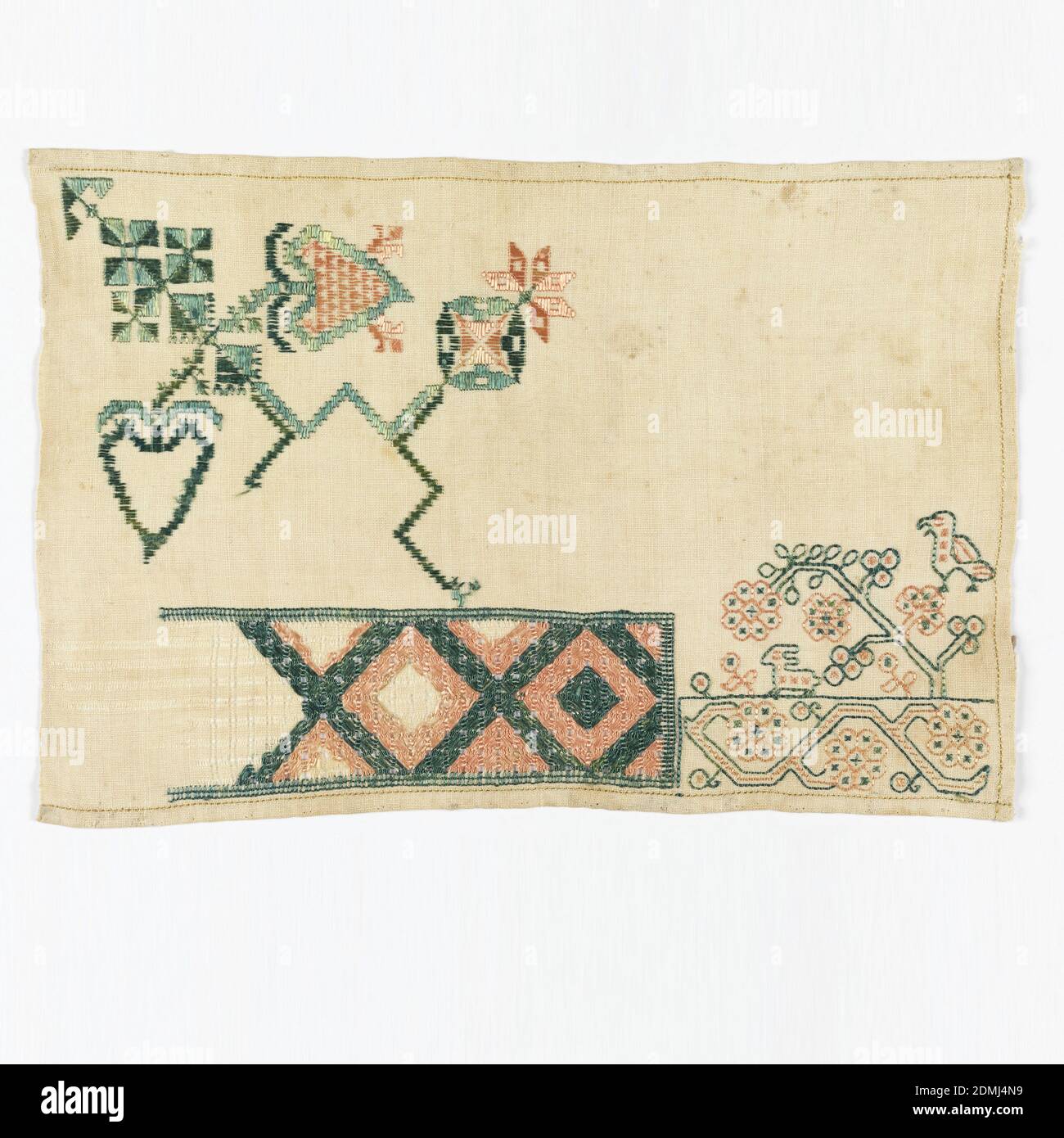 Sampler, Moyen : broderie de soie sur la fondation de lin technique : dessin (couture aztèque), satin compté et couture arrière sur le tissage Uni, lozenge en dessin; formes d'oiseau, de lapin et de plante brodées., Mexique, 19e siècle, broderie et couture, Sampler Banque D'Images