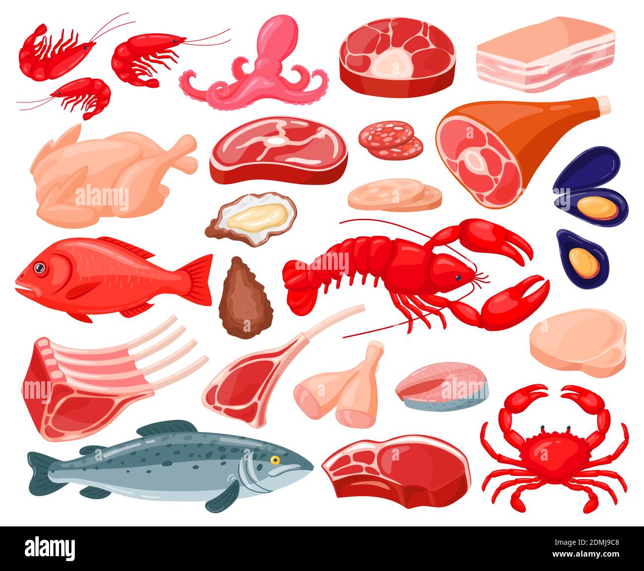 Nourriture à base de viande. On y sert des fruits de mer, des crevettes, du saumon, du homard, des côtes de bœuf, du bacon et des steaks de bœuf. Kit d'illustrations vectorielles de protéines alimentaires Illustration de Vecteur