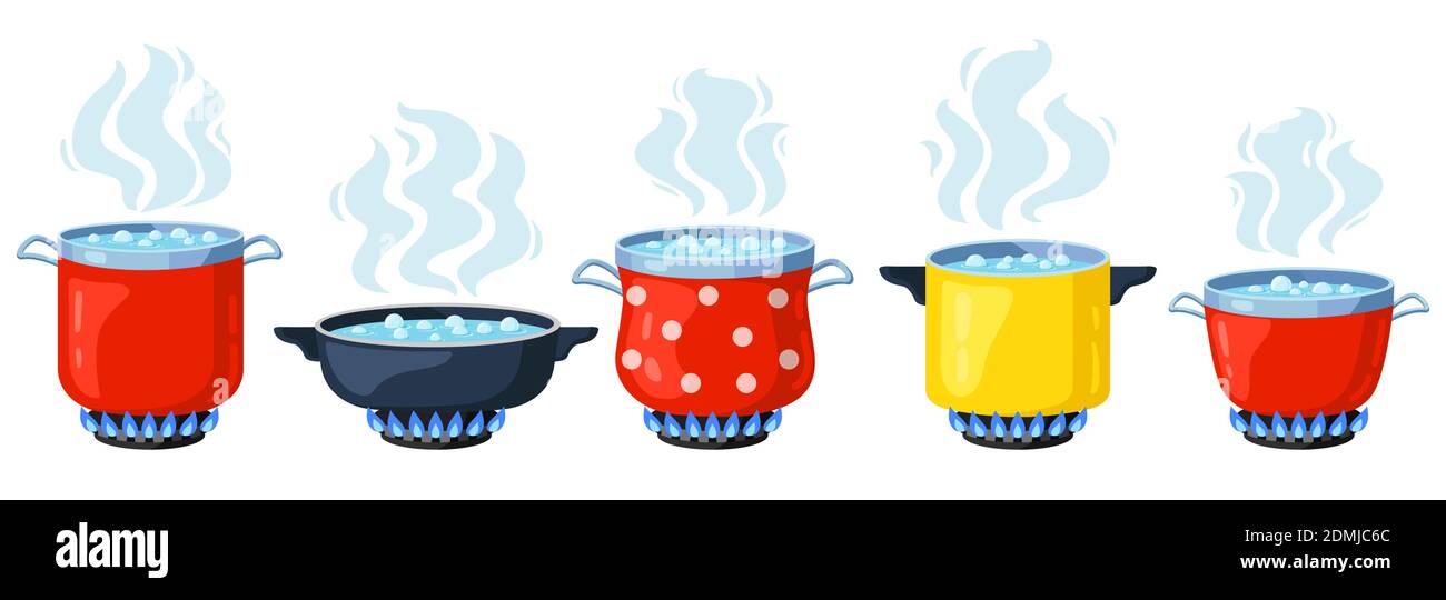 Cuisine pots de cuisine. Casserole à marmite de dessin animé, soupe de cuisson bouillant sur cuisinière à gaz. Kit d'illustrations vectorielles pour l'eau bouillante à la vapeur Illustration de Vecteur