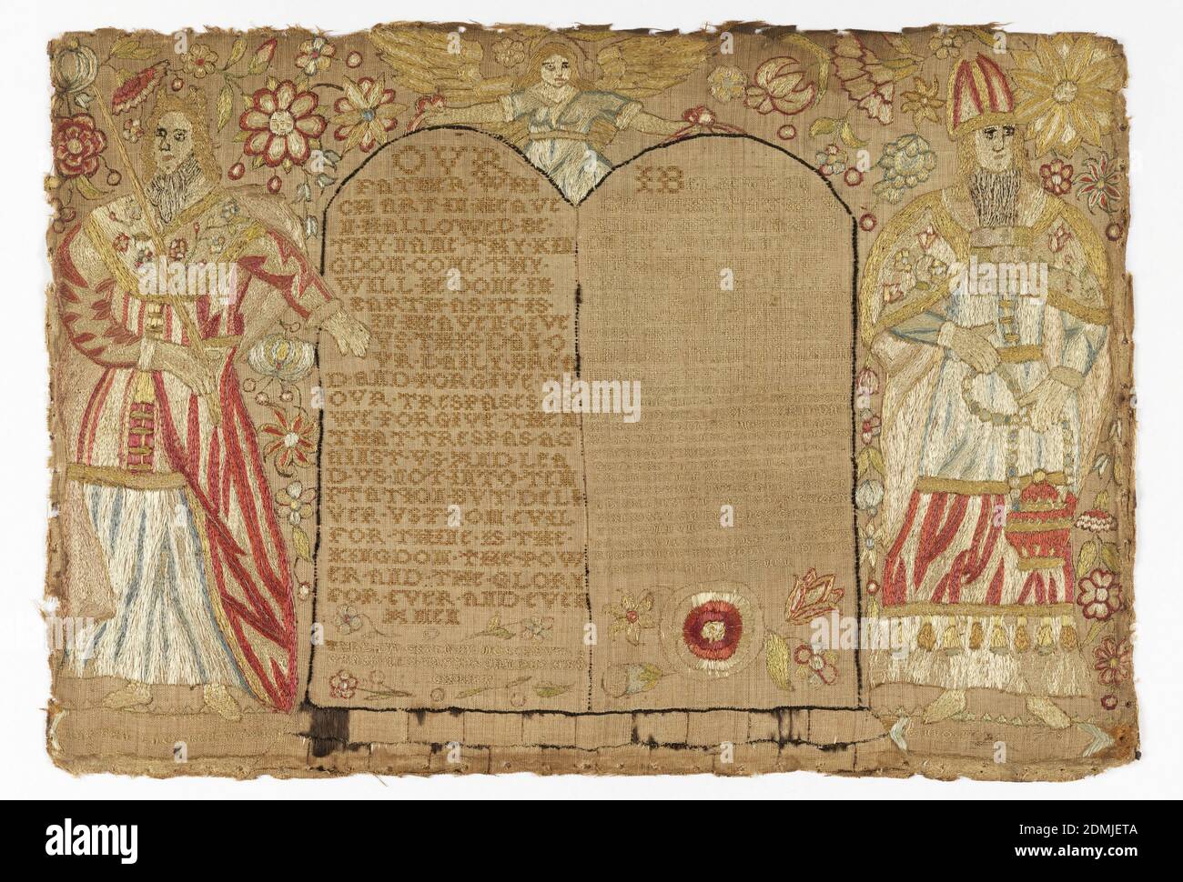 Sampler, Martha Luck, Medium: Broderie de soie sur la fondation de lin technique: Brodés en croix, tige, satin, chaîne et points de suture sur la fondation de tissage simple; Points de suture comptés et non comptés, deux figures en robed, l'une portant une épée, l'autre portant un onglet d'évêque et portant un censeur de part et d'autre d'une paire de comprimés. Un ange est au sommet. La tablette à gauche contient la prière du Seigneur, puis "la loi donnée par Moïse mais la grâce et la vérité sont venues de Jésus Christ". La tablette de gauche contient le Credo de l'Apôtre. Avec l'inscription Martha Luck son travail Anno Domini 1715., Angleterre Banque D'Images