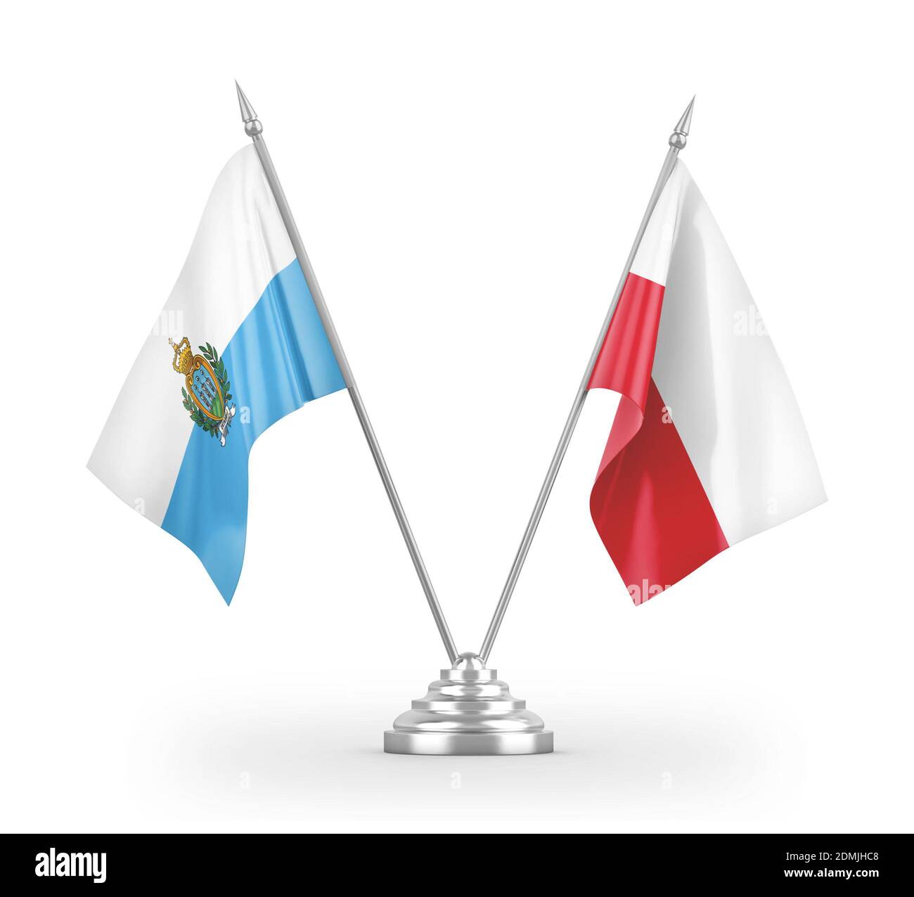 Drapeaux de table de Pologne et de Saint-Marin isolés sur 3D blanc rendu Banque D'Images