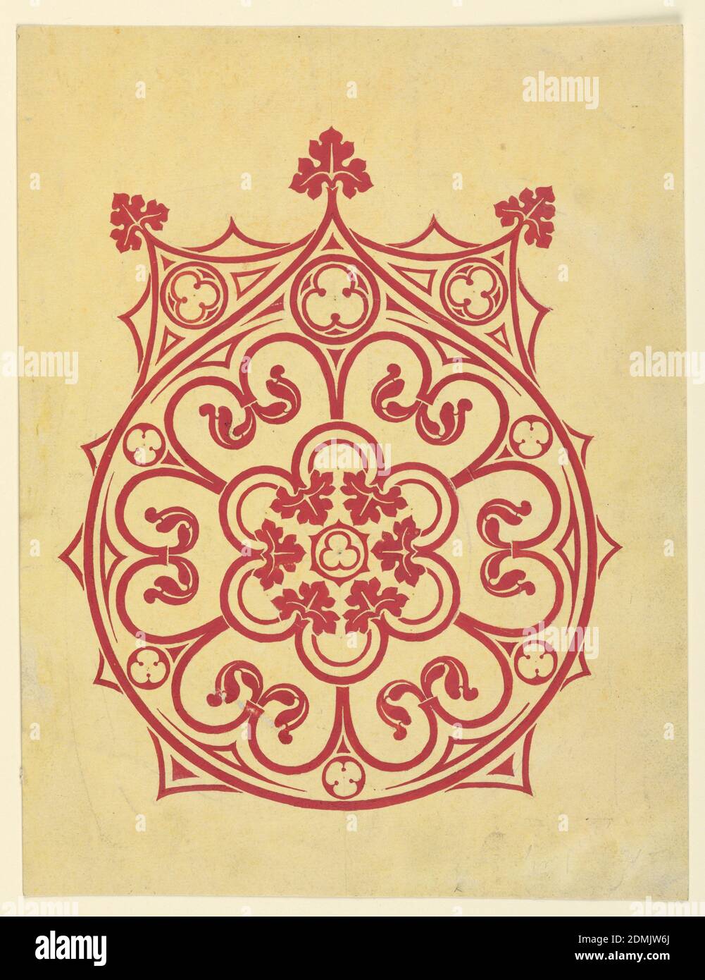 Design pour un motif sur un tissu tissé ou brodé, Graphite, boussole, pinceau et aquarelle jaune, pinceau et peinture rouge sur papier, dans un style roman-gothique. Une sorte de rose de fenêtre gothique bordée par des pétoncles et des traceries gothiques. Trois lames sont illustrées sur le dessus. Le lavage jaune inversé. Verso : croquis brut de la bande-papier gothique en graphite., France, 1825–1850, dessin Banque D'Images