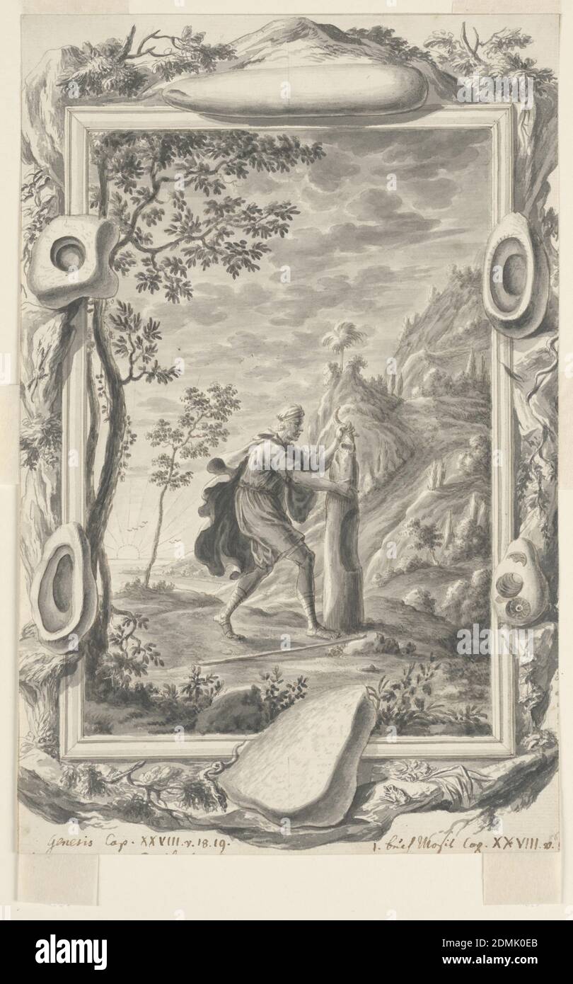 Etude de Jacob verse huile sur la pierre à Bethel, planche 87, Physica Sacra, Johann Melchior Füssli, Suisse, 1677–1736, Christian Ulrich Wagner, allemand, 1686–1763, pinceau et gris, lavage noir, stylo et encre brune sur papier crème, Un homme se tient dans le profil au centre de l'image tenant une grande pierre. Il est entouré de montagnes à droite, d'arbres à gauche et d'un ciel nuageux au-dessus. La scène est bordée par un cadre rectangulaire, sur lequel sont attachés six rochers de formes et de tailles diverses. Le paysage s'étend au-delà de la frontière du cadre., Zurich, Suisse, avant 1731, figures Banque D'Images