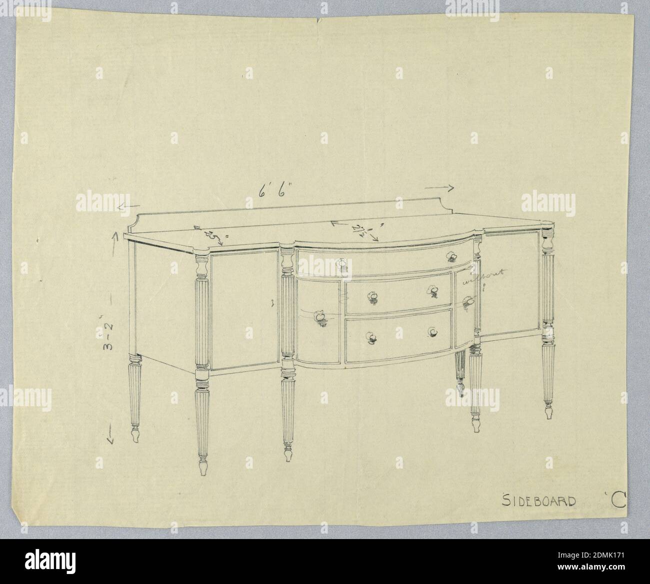 Conception pour panneau latéral « C » avec six pieds et cinq tiroirs, A.N. Davenport Co., Graphite sur papier crème fin, panneau latéral rectangulaire sur six pieds coniques droits; l'avant tripartide comporte une section centrale convexe contenant cinq tiroirs - deux tiroirs horizontaux flanqués d'un tiroir vertical de chaque côté et surmontés d'un tiroir horizontal simple avec une paire de poignées rondes; Bas dosseret, 1900–05, mobilier, dessin Banque D'Images