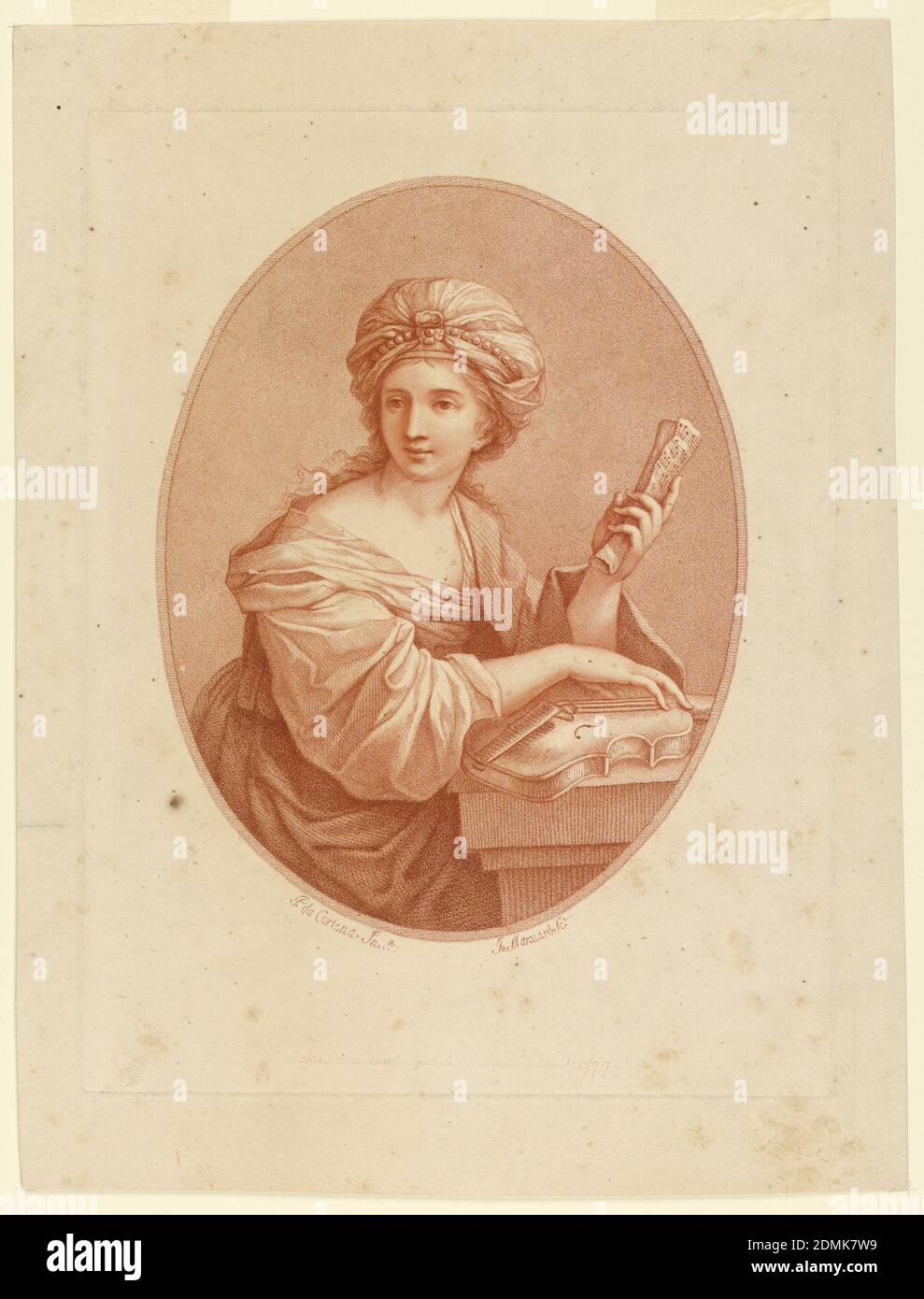 Music, Robert Samuel Marcuard, British, 1756 - avant 1788, Pietro da Cortona, Italien, 1596 - 1669, gravure à l'encre de sanguine sur papier, UNE femme s'assoit à une table, tournée vers la droite mais légèrement tournée vers la gauche. Un violon est sous sa main droite, et une feuille de musique à sa gauche., Angleterre, 1777, Imprimer Banque D'Images