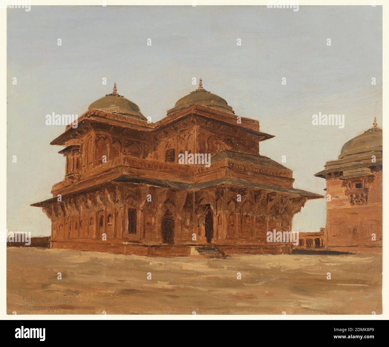 Fatehpur Sikri, Birbal’s Palace, Inde, Lockwood de Forest, cuisine américaine, 1850–1932, Brush and Oil on thin paperboard, Ocher bâtiments vus à partir d'un coin situé dans un paysage sablonneux. Le bâtiment central a deux étages, chacun accentué par des corniches projetées et de grands crochets en dessous. La ligne de toit culmine en deux dômes. Une partie d'un autre bâtiment dans un style architectural similaire est vue à droite. Il dispose d'un balcon en saillie et d'une ligne de toit et d'un dôme similaires. Tous les bâtiments semblent faire partie d'un grand complexe., Inde, 19 mars 1881, paysages, dessin Banque D'Images