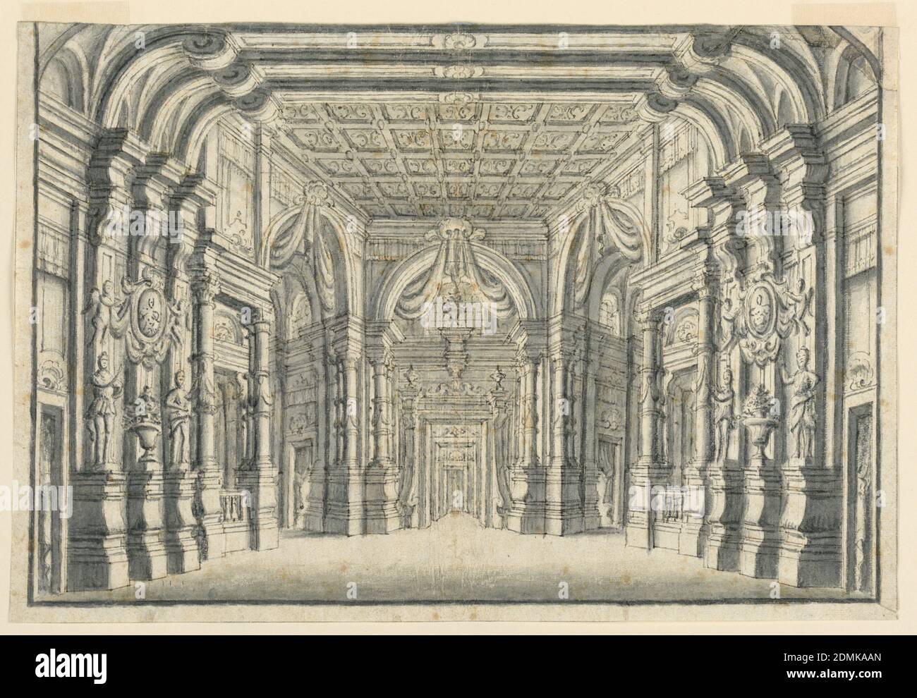 Scène Design: Intérieur de Palace Halls, stylo et bistre, brosse et sépia laver sur papier, rectangles horizontaux montrant un hall richement décoré avec des moulures architecturales et des sculptures sur pieds. En arrière-plan, les textiles pendent des coquillages au-dessus de trois portes voûtées., Italie, fin du XVIIe siècle, théâtre, dessin Banque D'Images