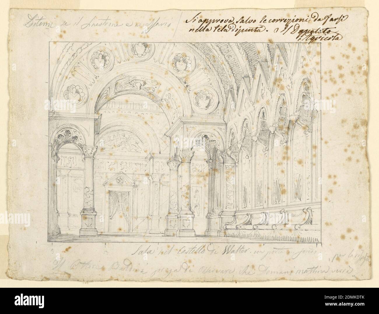 Intérieur du château de Walter, scène pour l'acte V de Giuseppe Verdi 'Luisa Miller', produit au Teatro San Carlo, Naples, Vincenzo Baldini, italien, 1809 - 1881, Graphite sur papier, rectangle horizontal. Intérieur du bâtiment gothique avec des sièges sous la voûte à droite. Grande arcade détaillée, frontière rectiligne réglée., Pérouse, Italie, ca. 1849, théâtre, dessin Banque D'Images