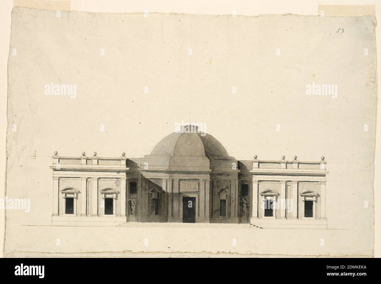 Élévation et plan d'un casino, stylo et encre noire, pinceau et aquarelle marron et lavage noir sur graphite, Italie, ca. 1797, architecture, dessin Banque D'Images